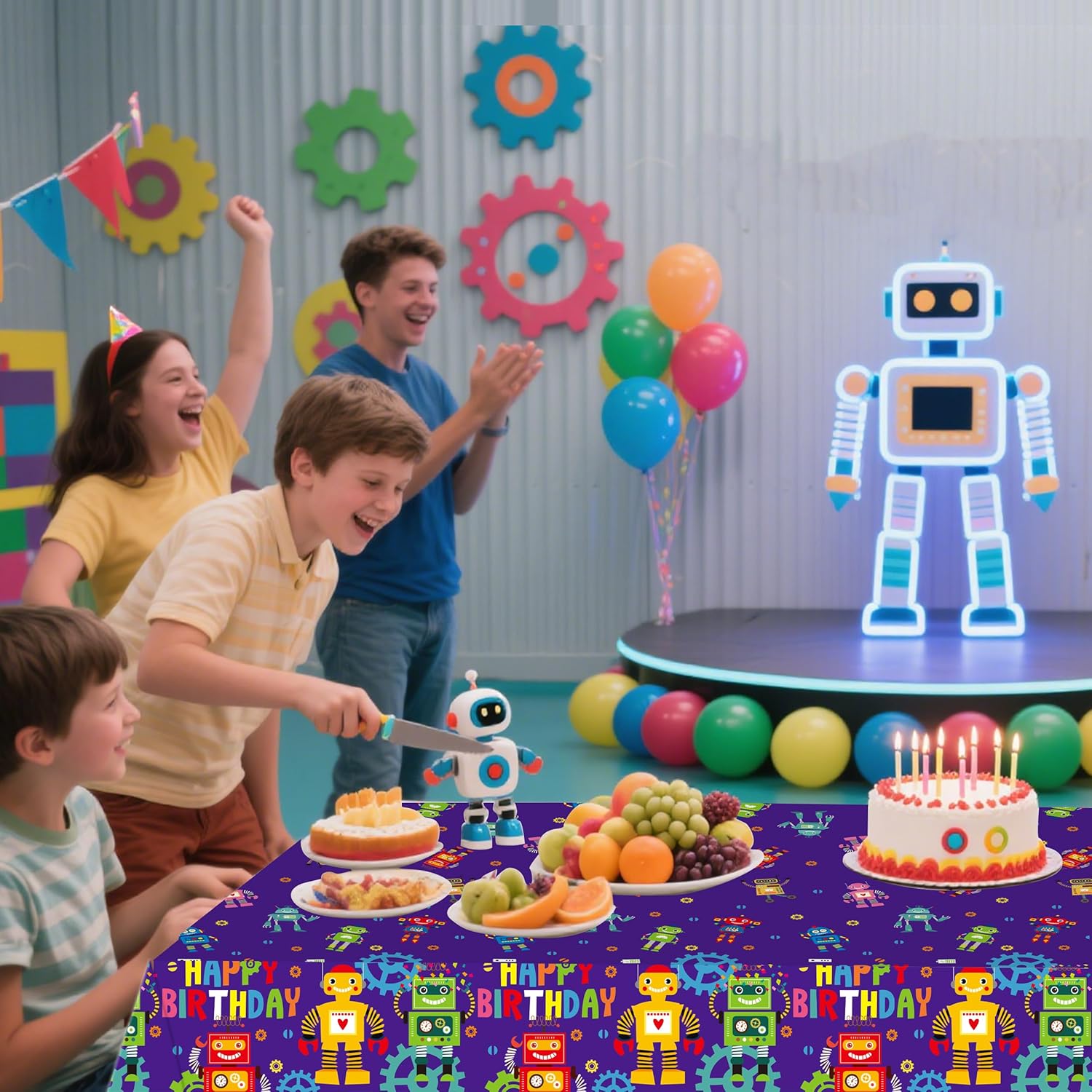 3Pcs Robot Birthday Tablecloths with Happy Birthday Design