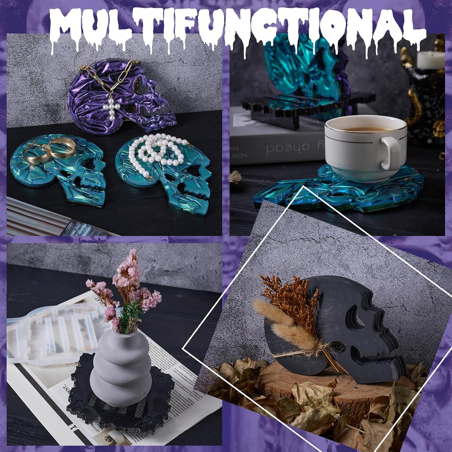 Halloween Skull Silicone Mold Set 4pcs with Holder