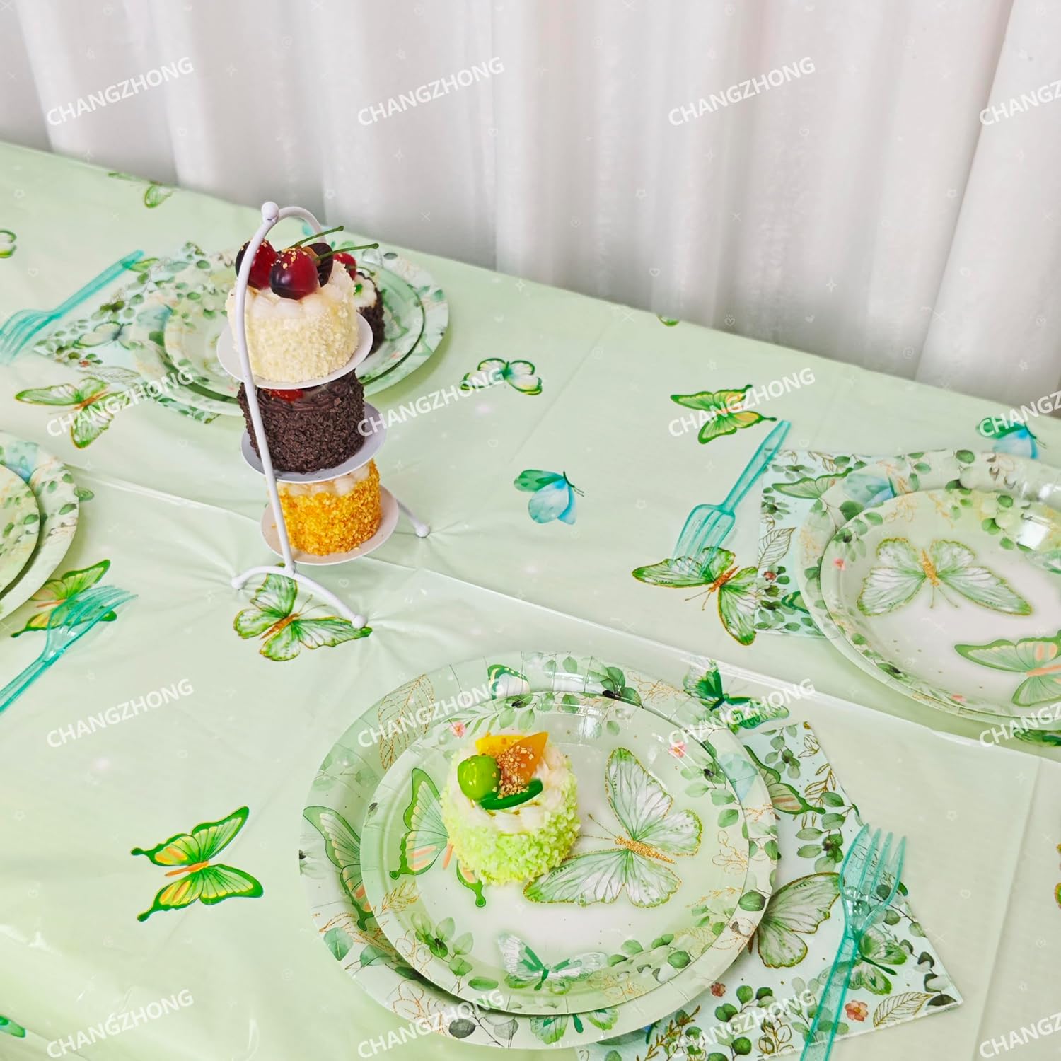 CHANGZHONG Green Butterfly Tablecloths 3 pcs 54x108 inch