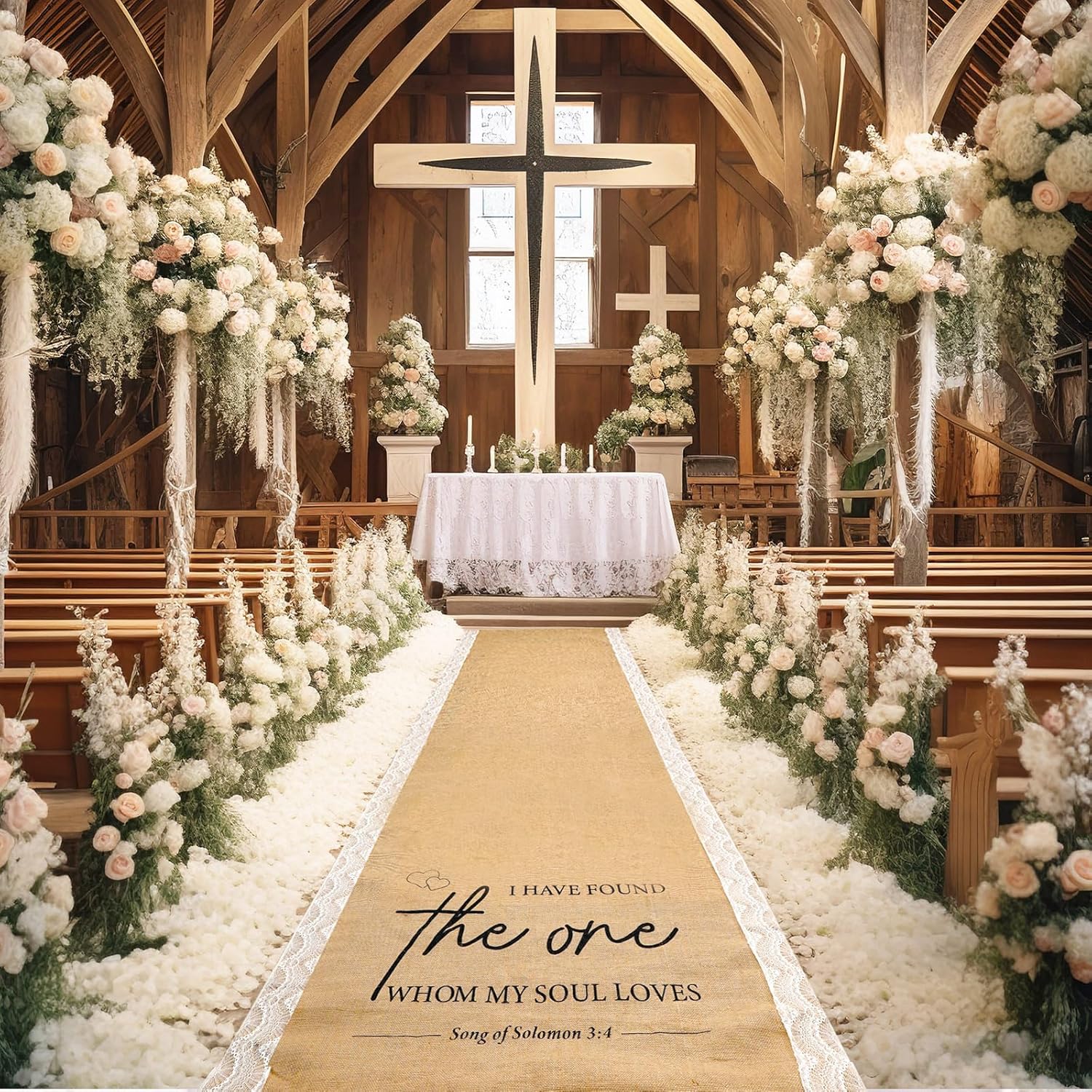 Tondiamo 40 Inch x 30 ft Burlap Wedding Aisle Runner with Lace