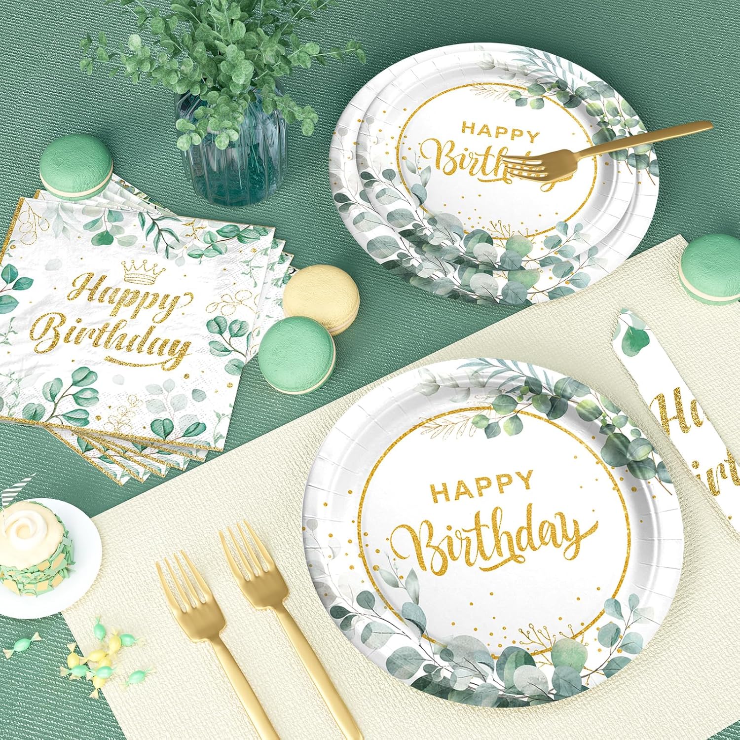 Sage Green Birthday Tableware Set with Plates Napkins Forks
