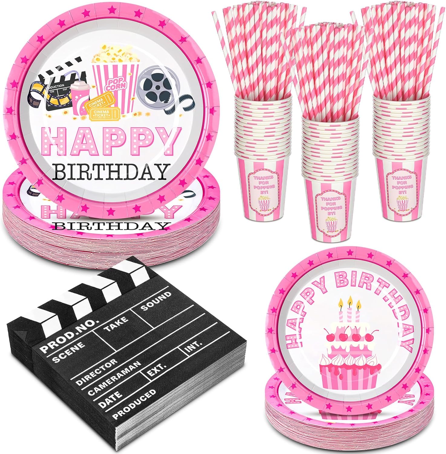 Yungyan 180 Pcs Pink Movie Theme Birthday Party Set