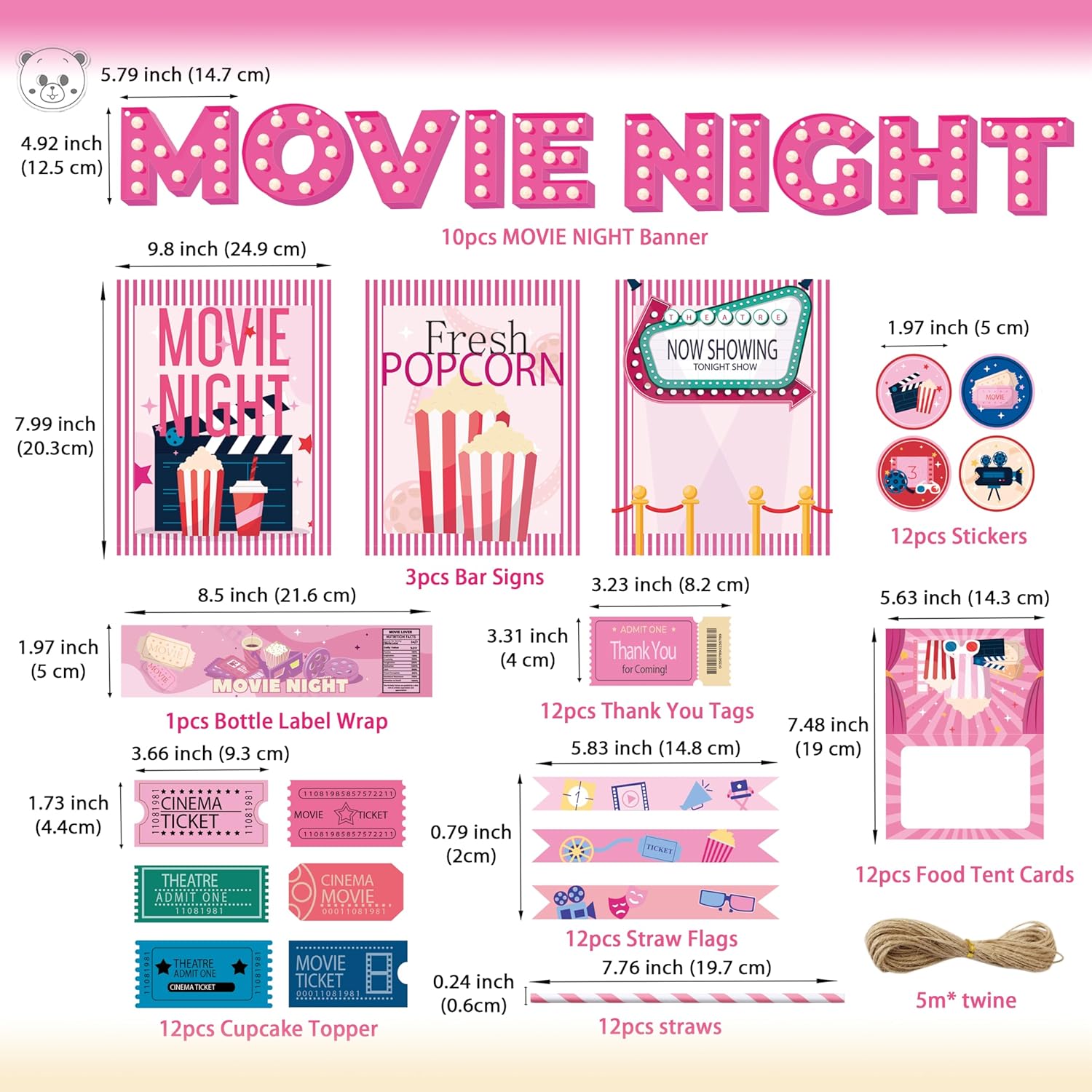 Party Supplies Pink Movie Night Decorations Set