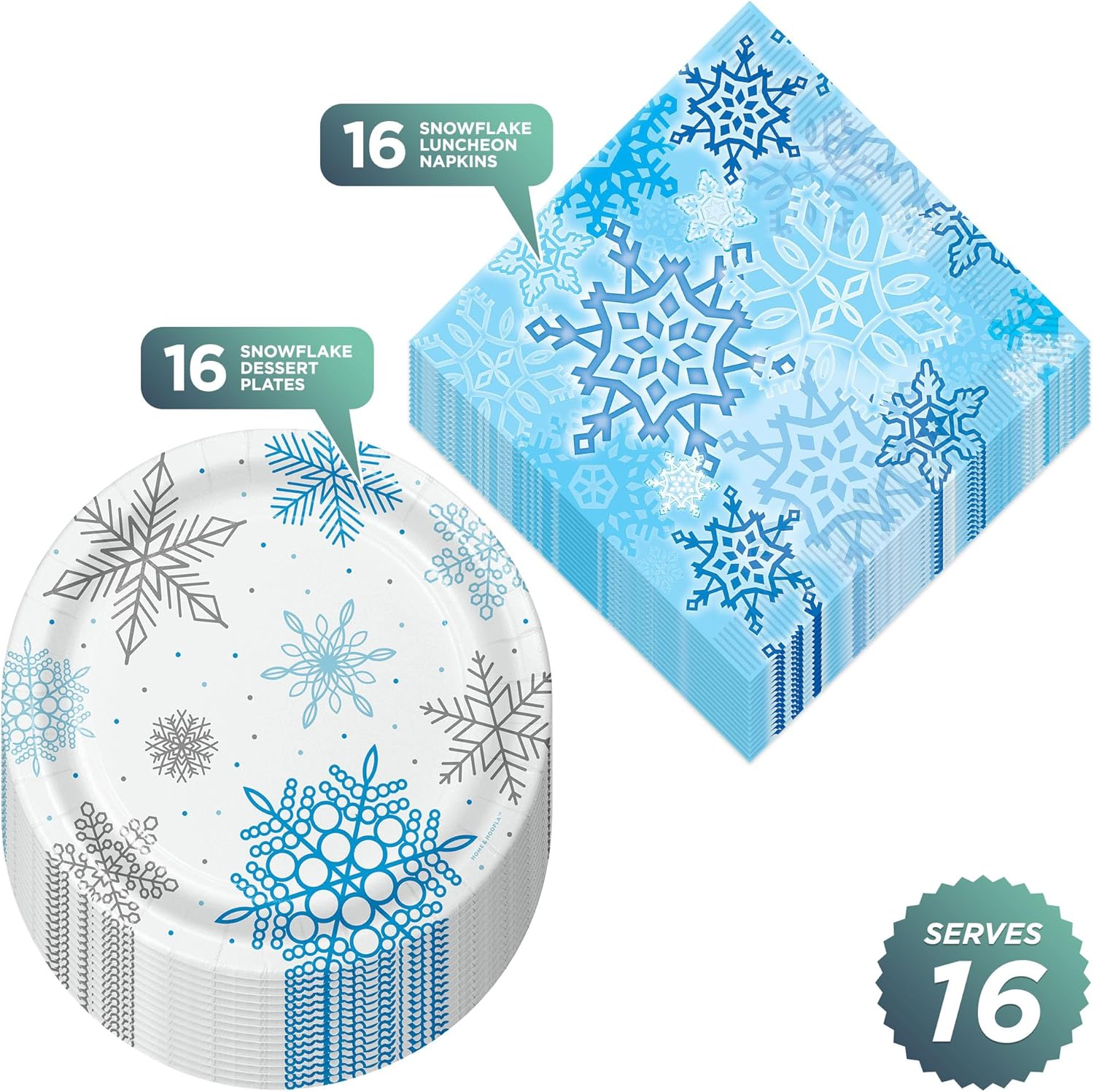 Winter Snowflake Paper Plates and Napkins Set Serves 16