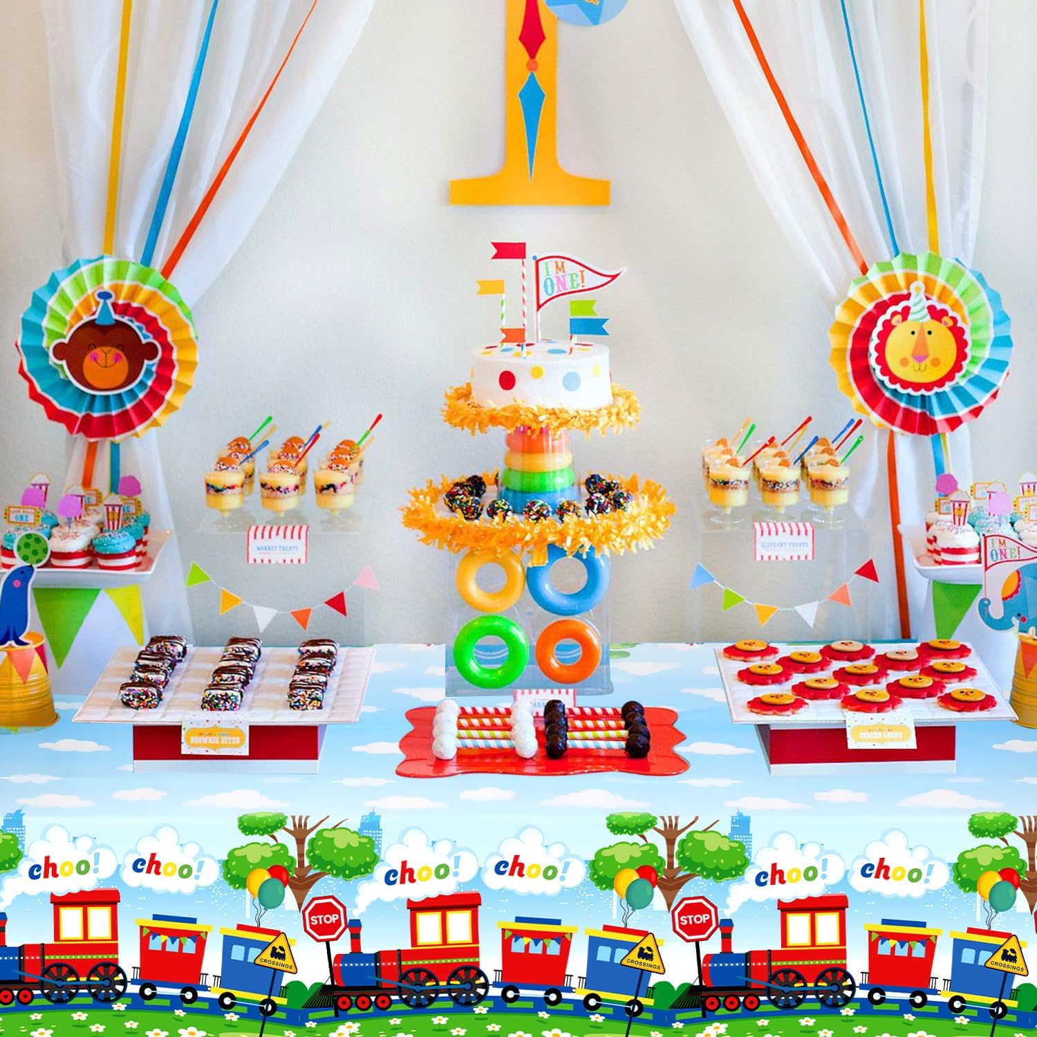 4 Pack Train Birthday Tablecloth Decorations for Boy Party