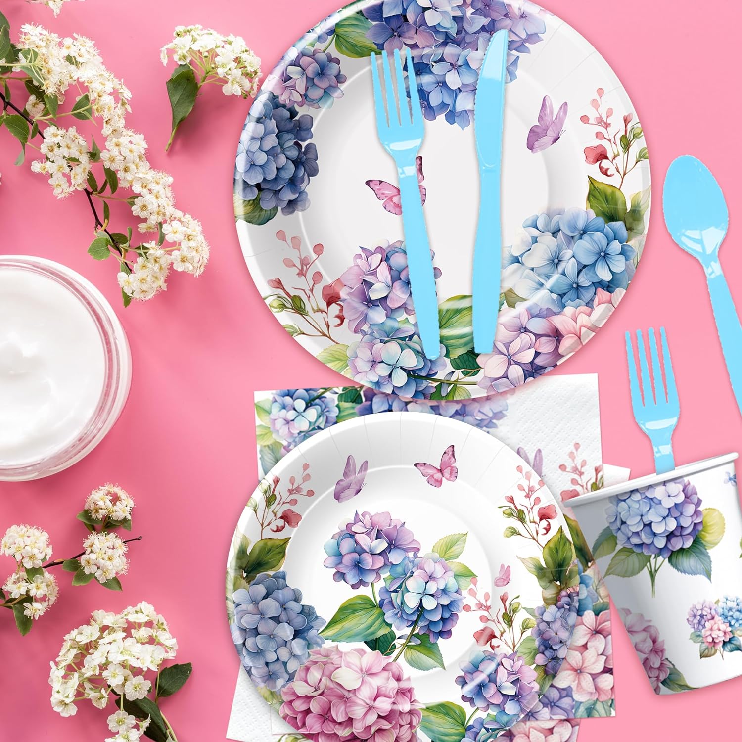Hydrangea Floral Party Set for 24 Guests