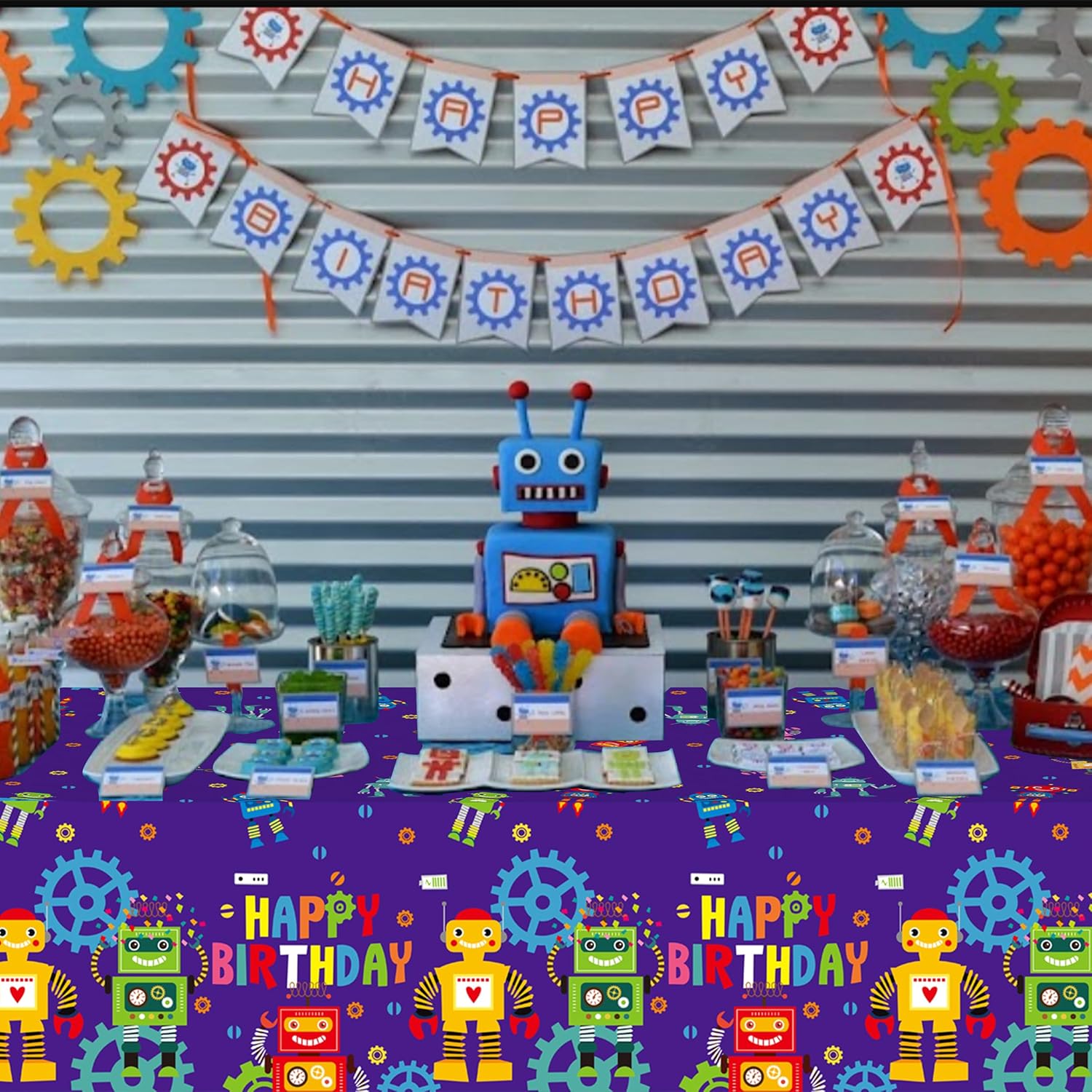3Pcs Robot Birthday Tablecloths with Happy Birthday Design