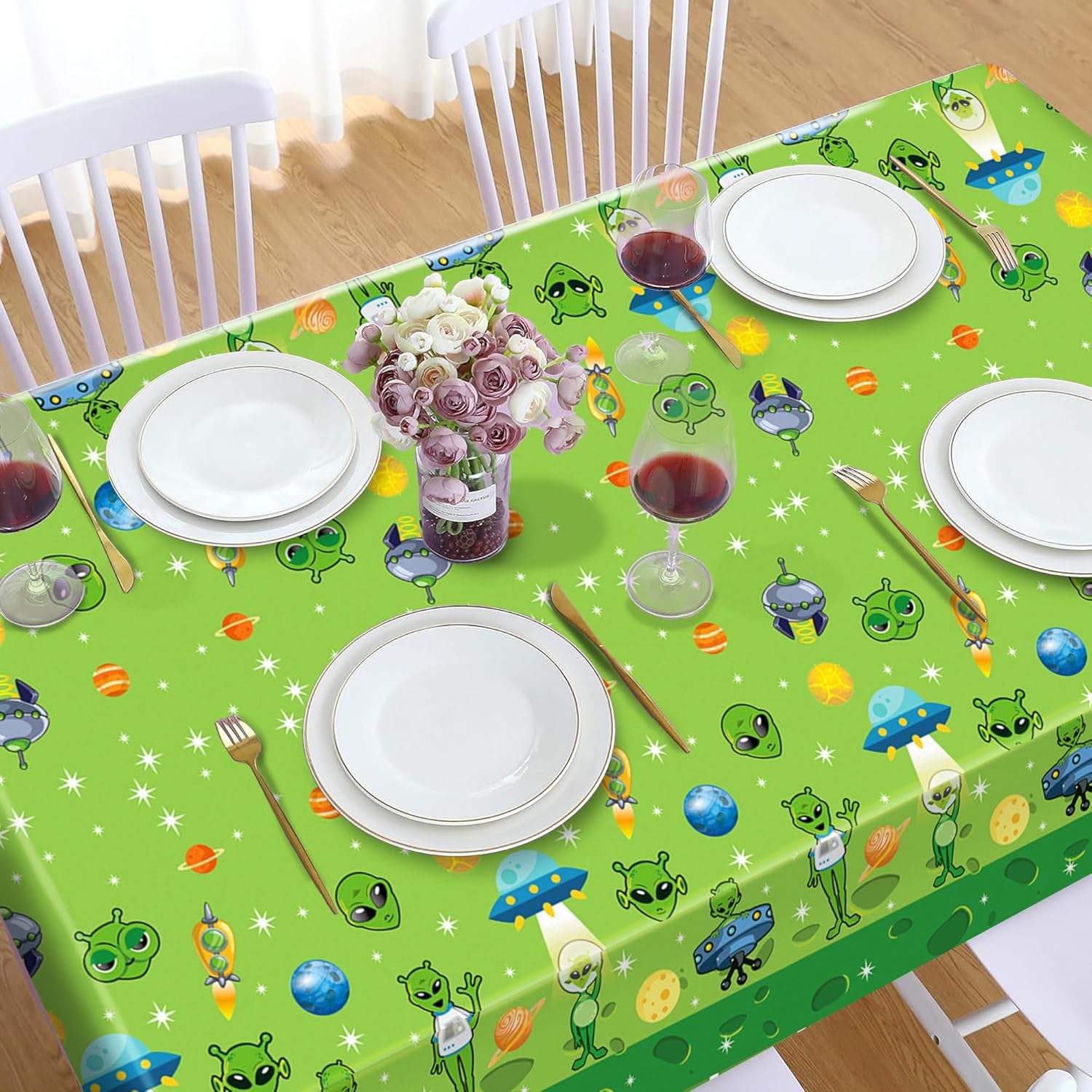 Green Alien Party Tablecloth with UFO Theme