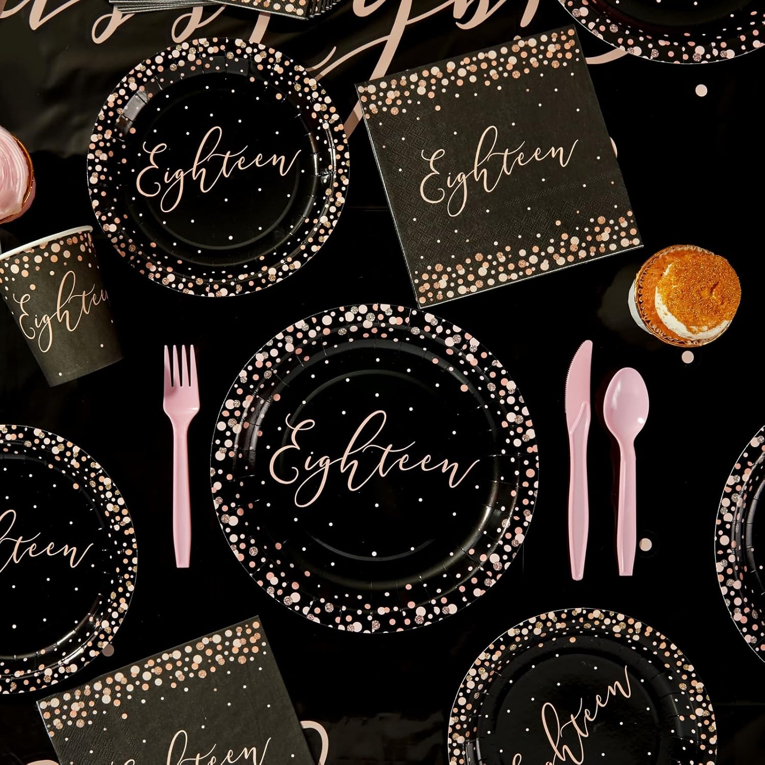Sparkle and Bash 18th Birthday Party Set - 170 Piece Pink Black Polka Dot