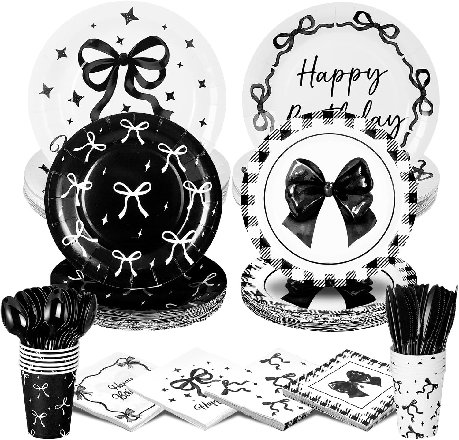 Ouvibor 168 Pcs Black Bow Party Tableware Set for 24 Guests