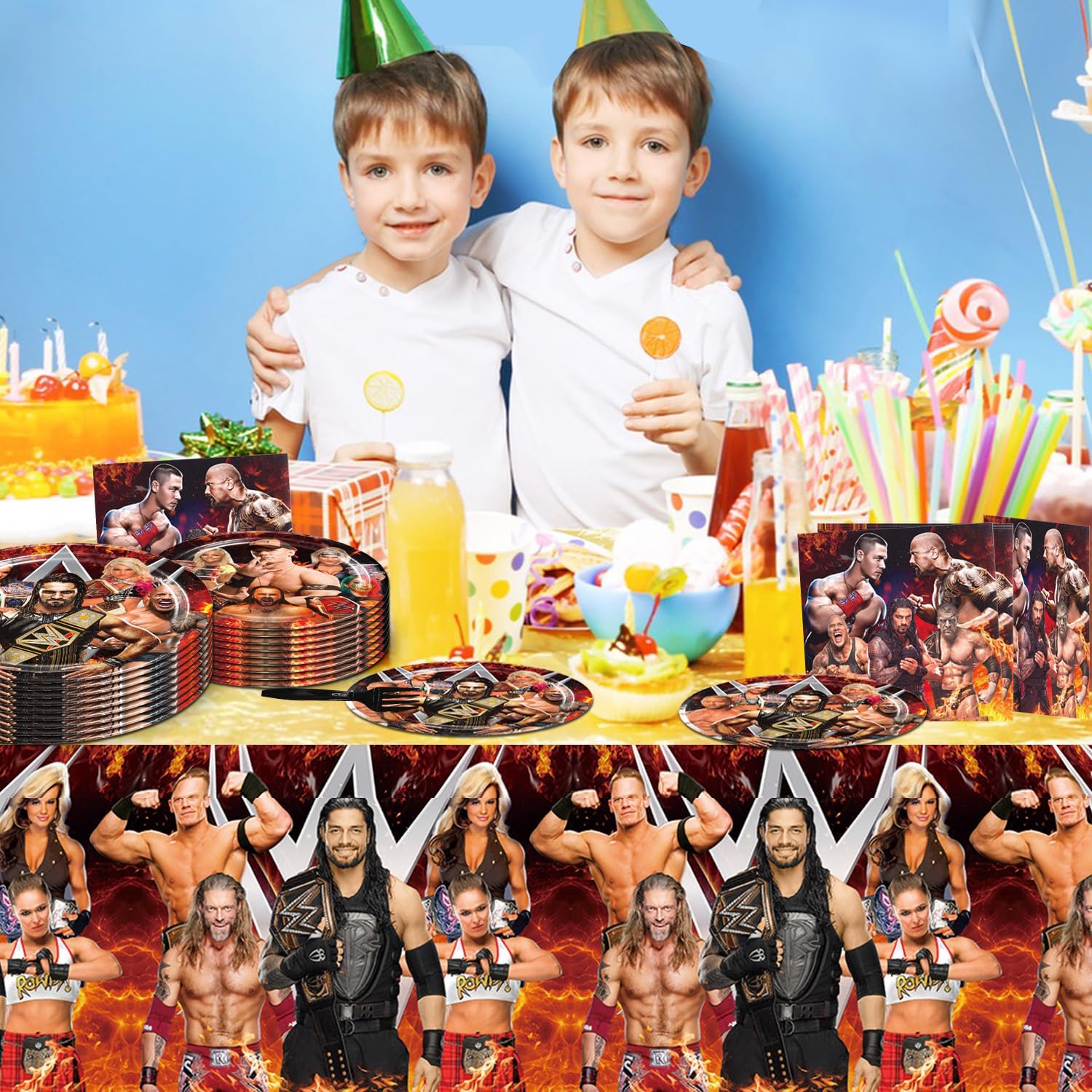 Wrestling Themed Party Tableware Set with Tablecloth Plates Forks and Napkins