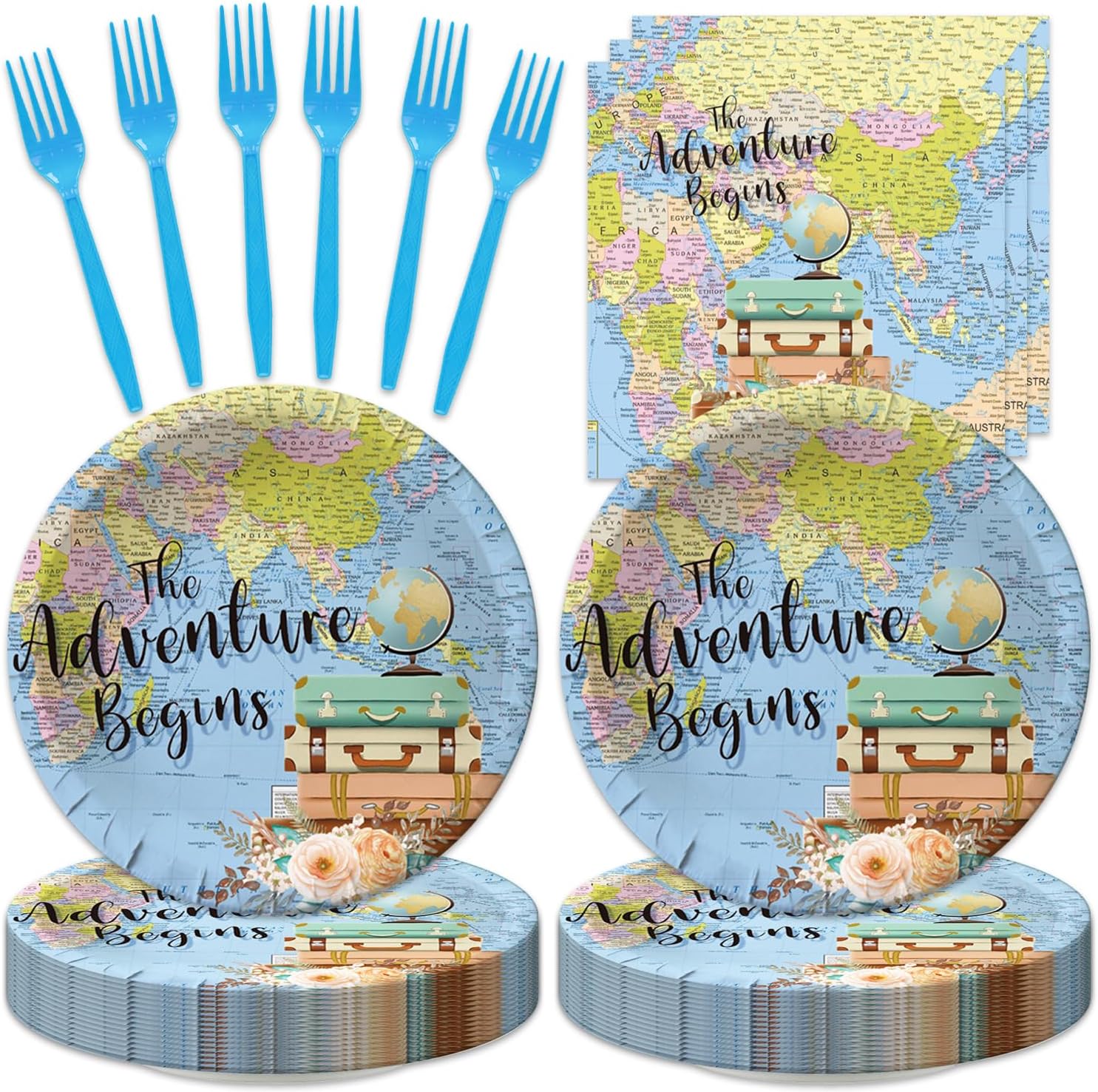 48Pcs Travel Themed Adventure Party Decorations Plates Napkins Forks