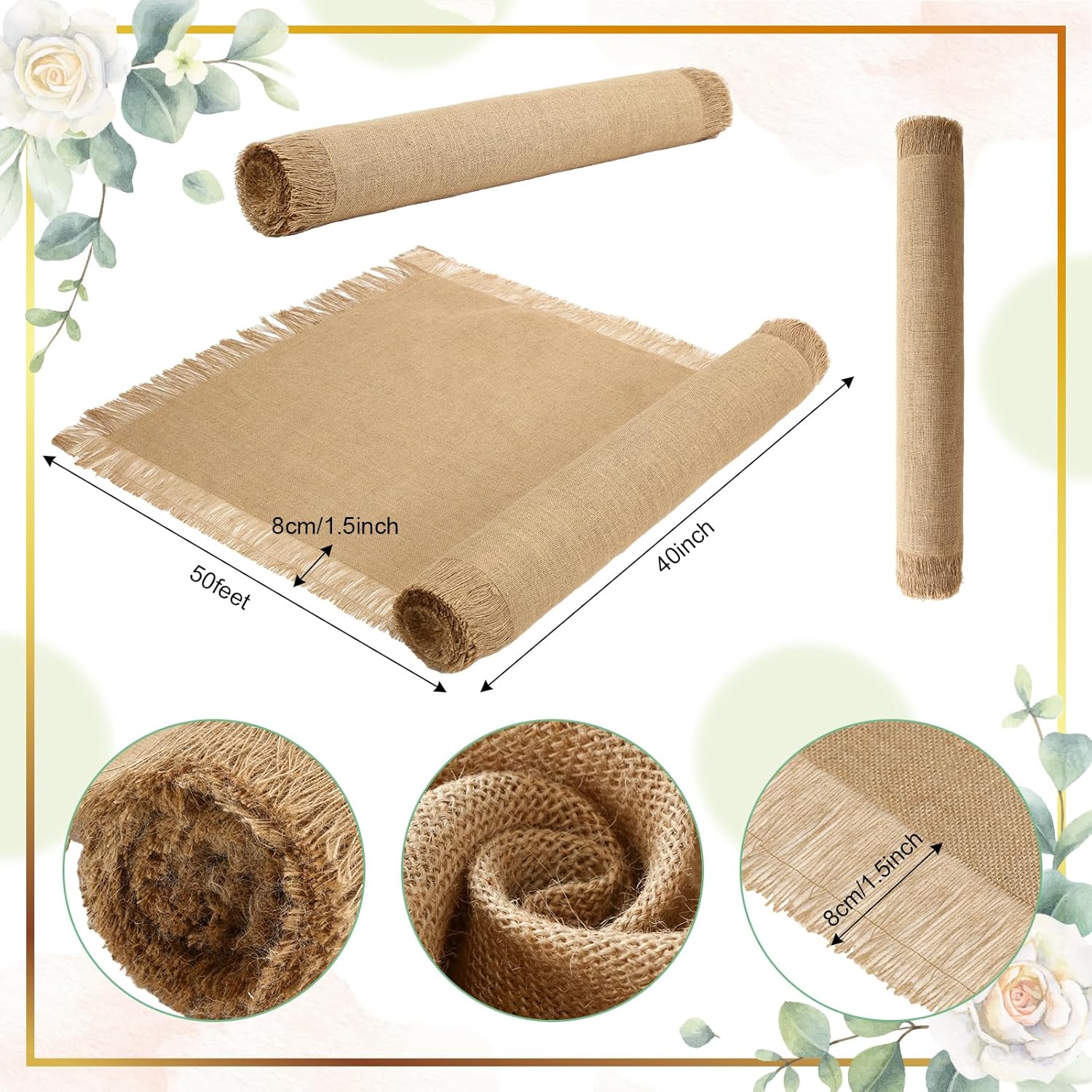 VitalCozy Jute Wedding Aisle Runner 40 x 50 Fringed