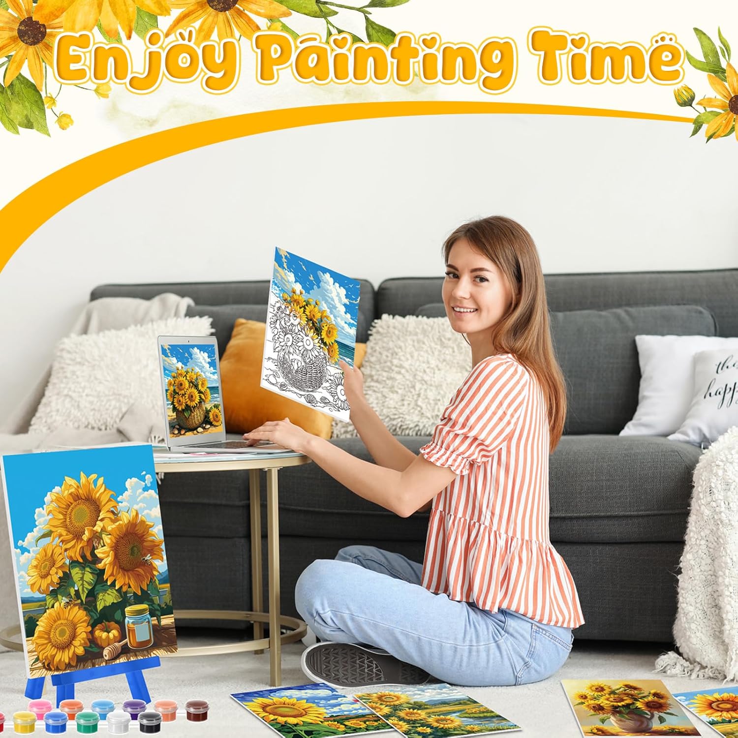 Blosssound 10 Set Pre Printed Canvas Painting with Easel Kit Sunflower