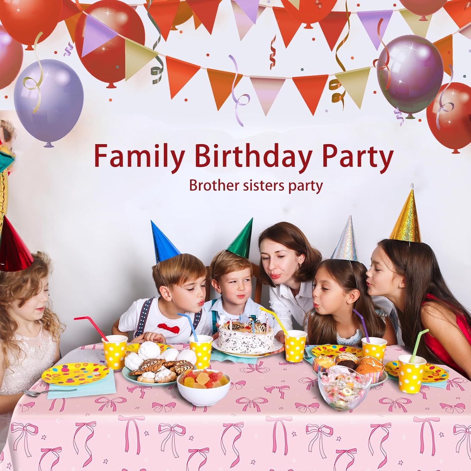 4Pcs Pink Bow Birthday Tablecloths 108x54 Inches
