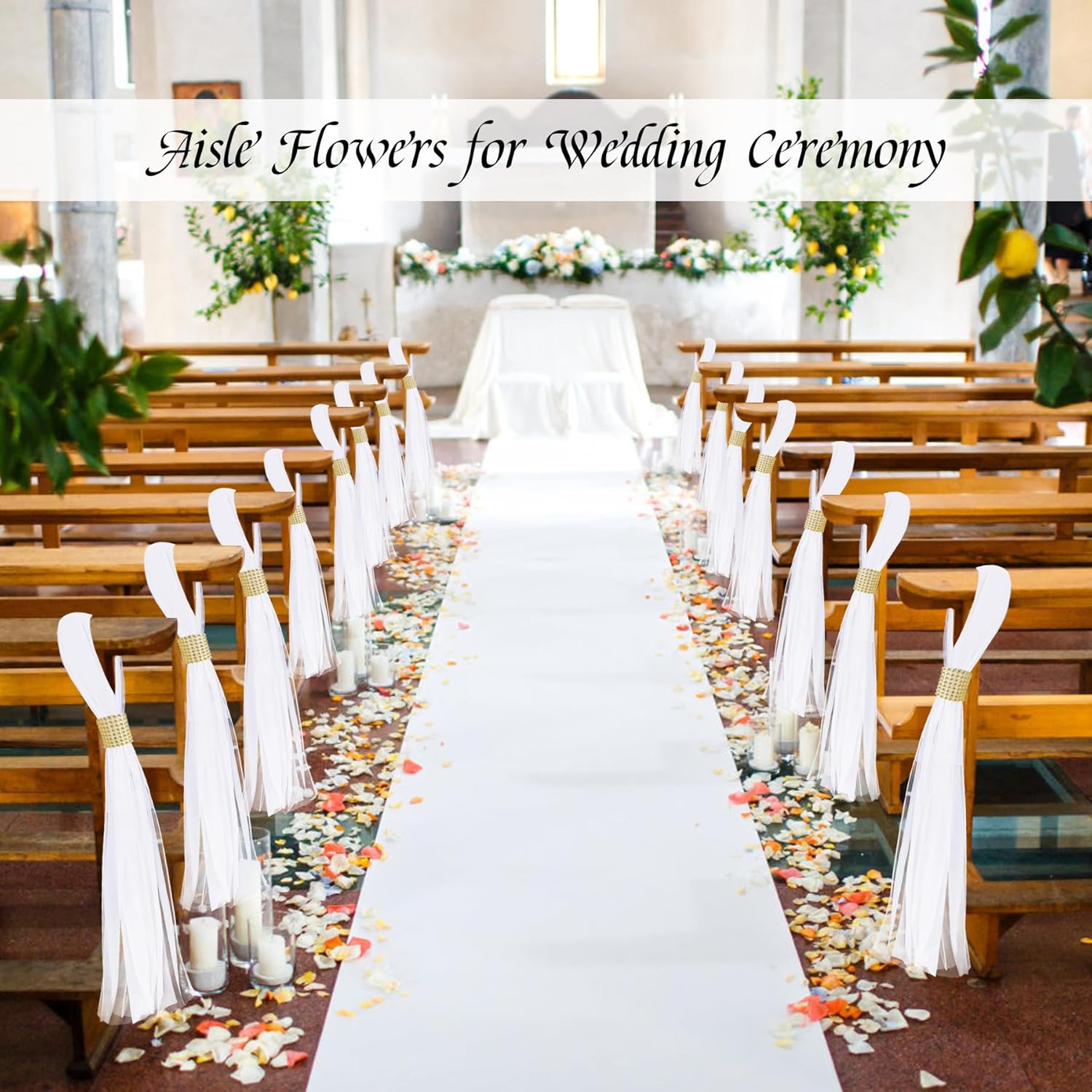 Large White Pew Bows Tulle Set with Gold Wrap
