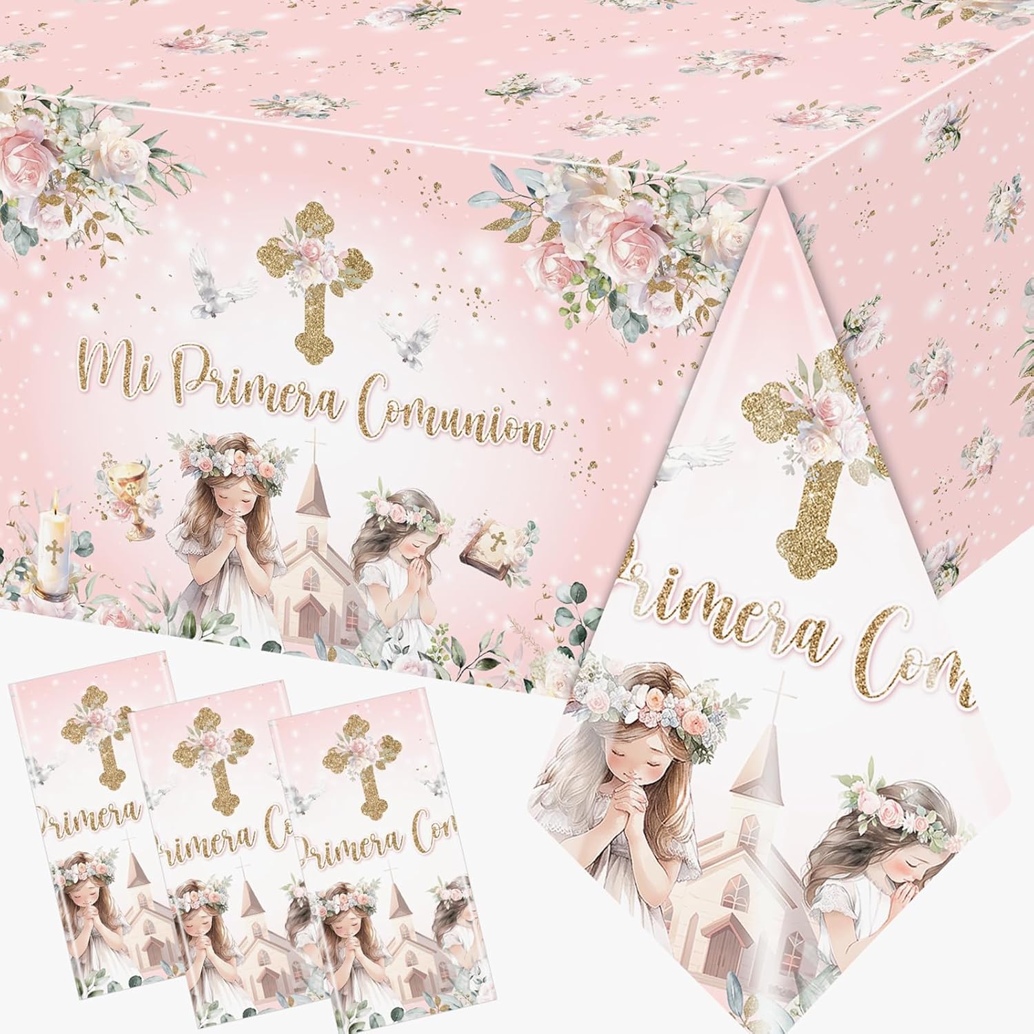 3Pcs First Communion Table Cloth with Golden Cross and Flowers