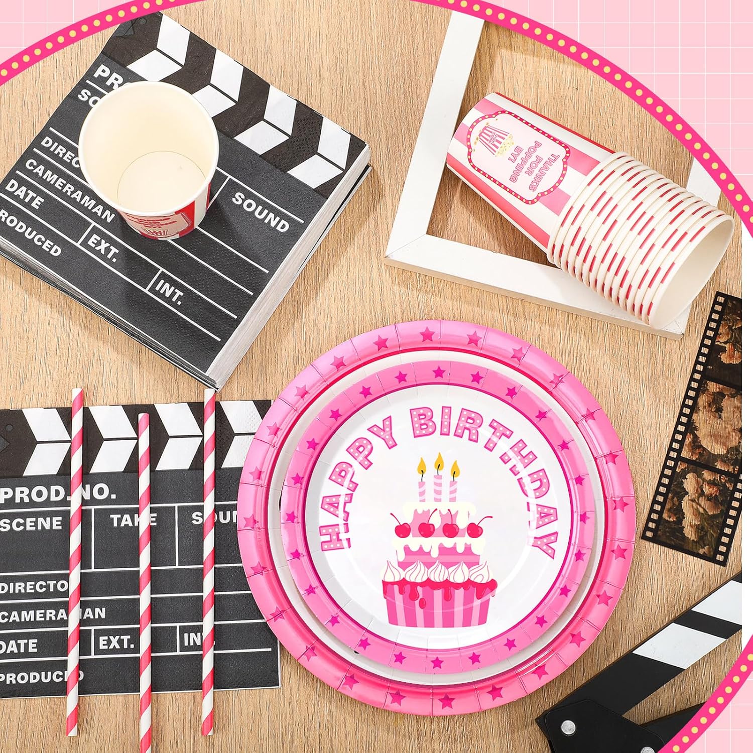 Yungyan 180 Pcs Pink Movie Theme Birthday Party Set