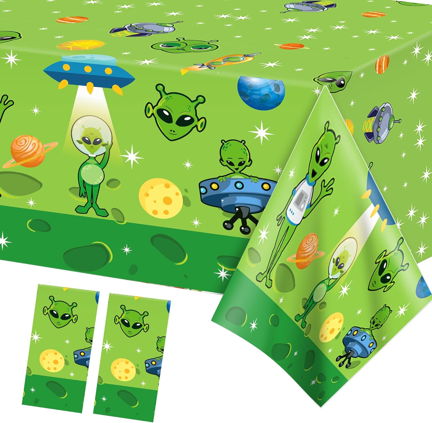 Green Alien Party Tablecloth with UFO Theme