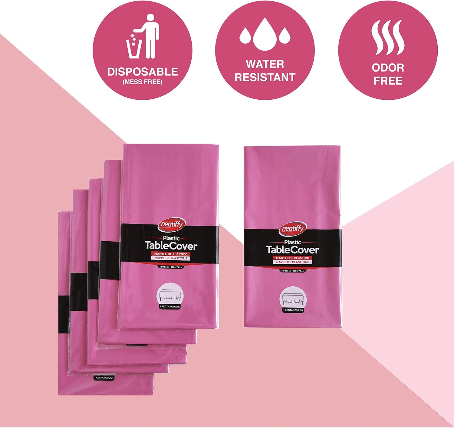 Neatiffy 54x108 Inch 6 Pack Rectangle Plastic Table Cloth Pink