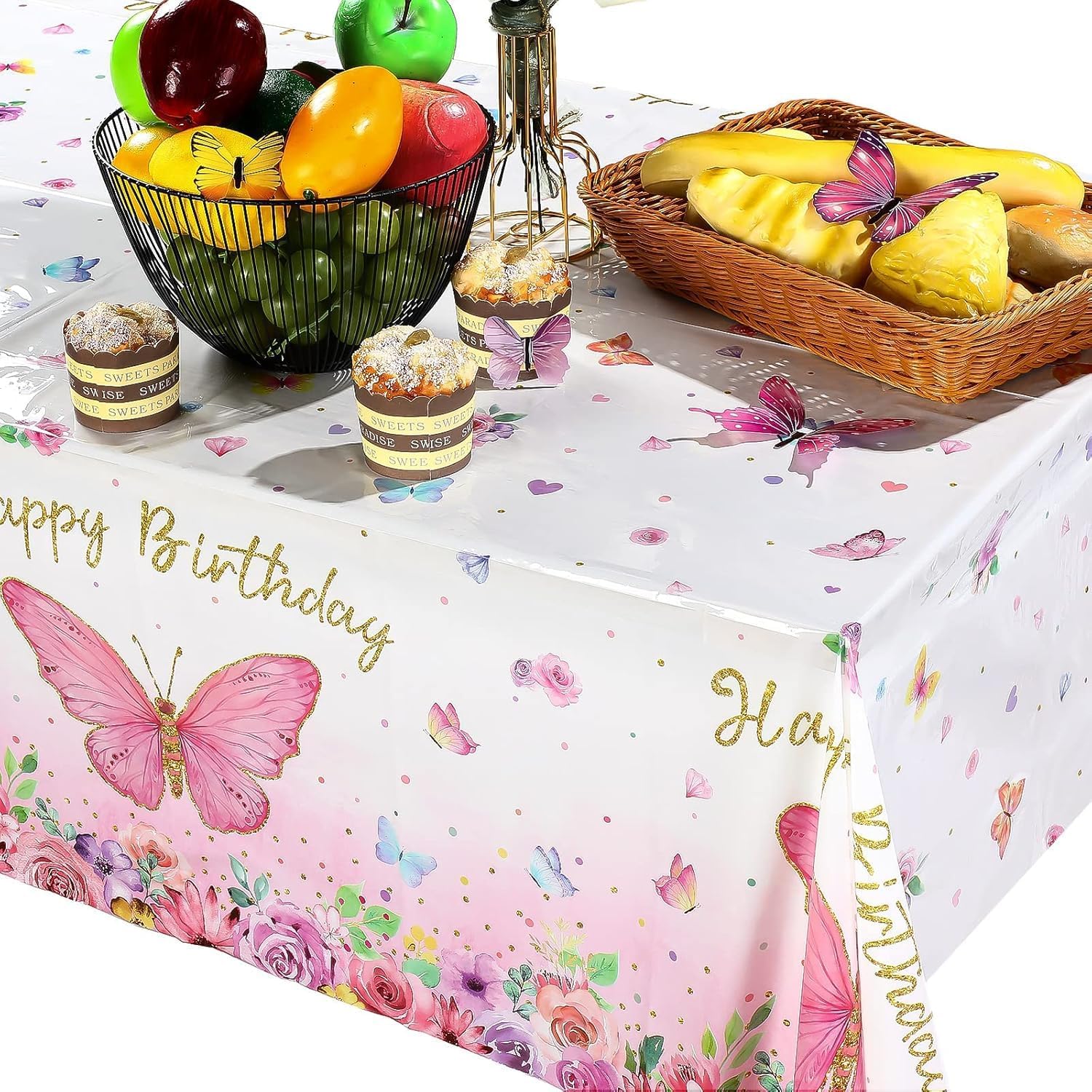 3PCS Pink Butterfly Party Tablecloth Table Cover 54x108 Inch
