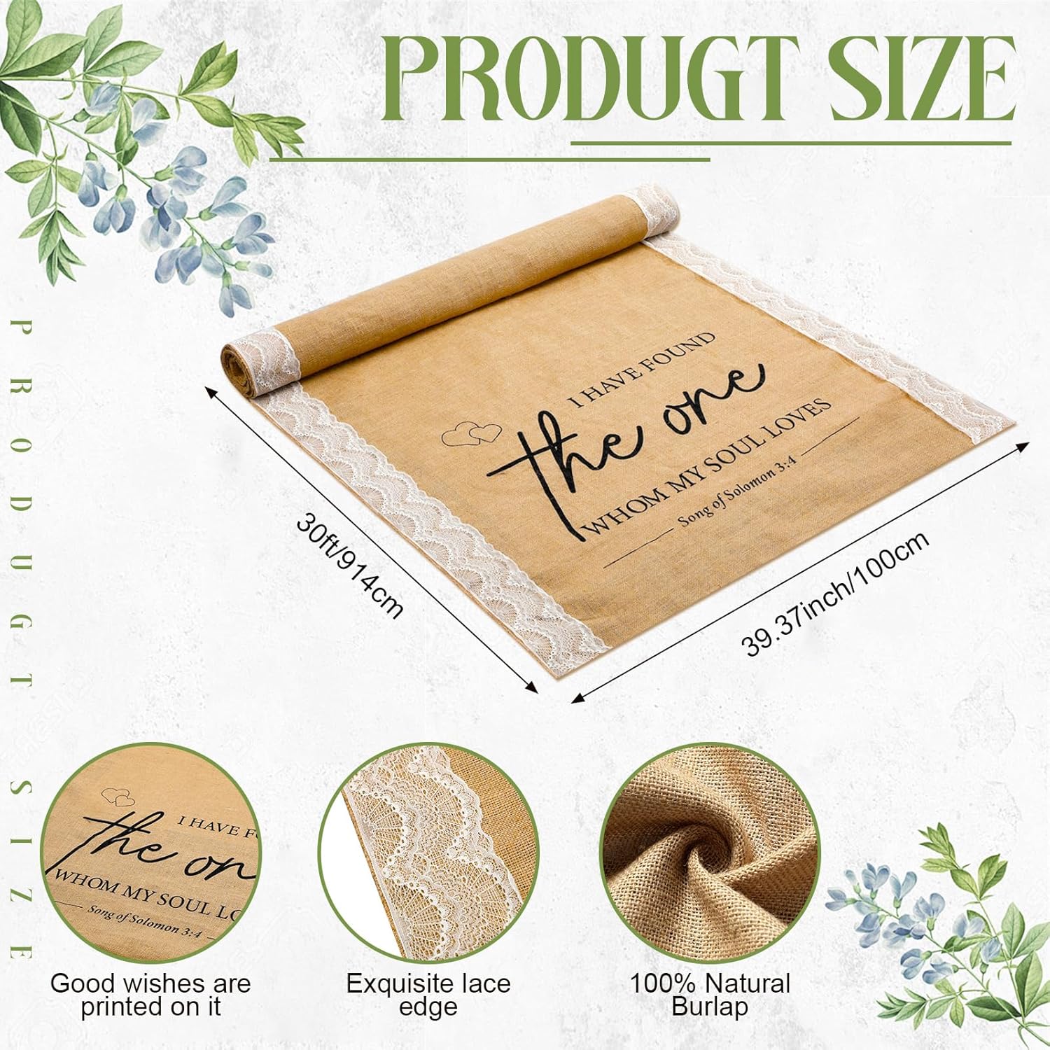 Tondiamo 40 Inch x 30 ft Burlap Wedding Aisle Runner with Lace