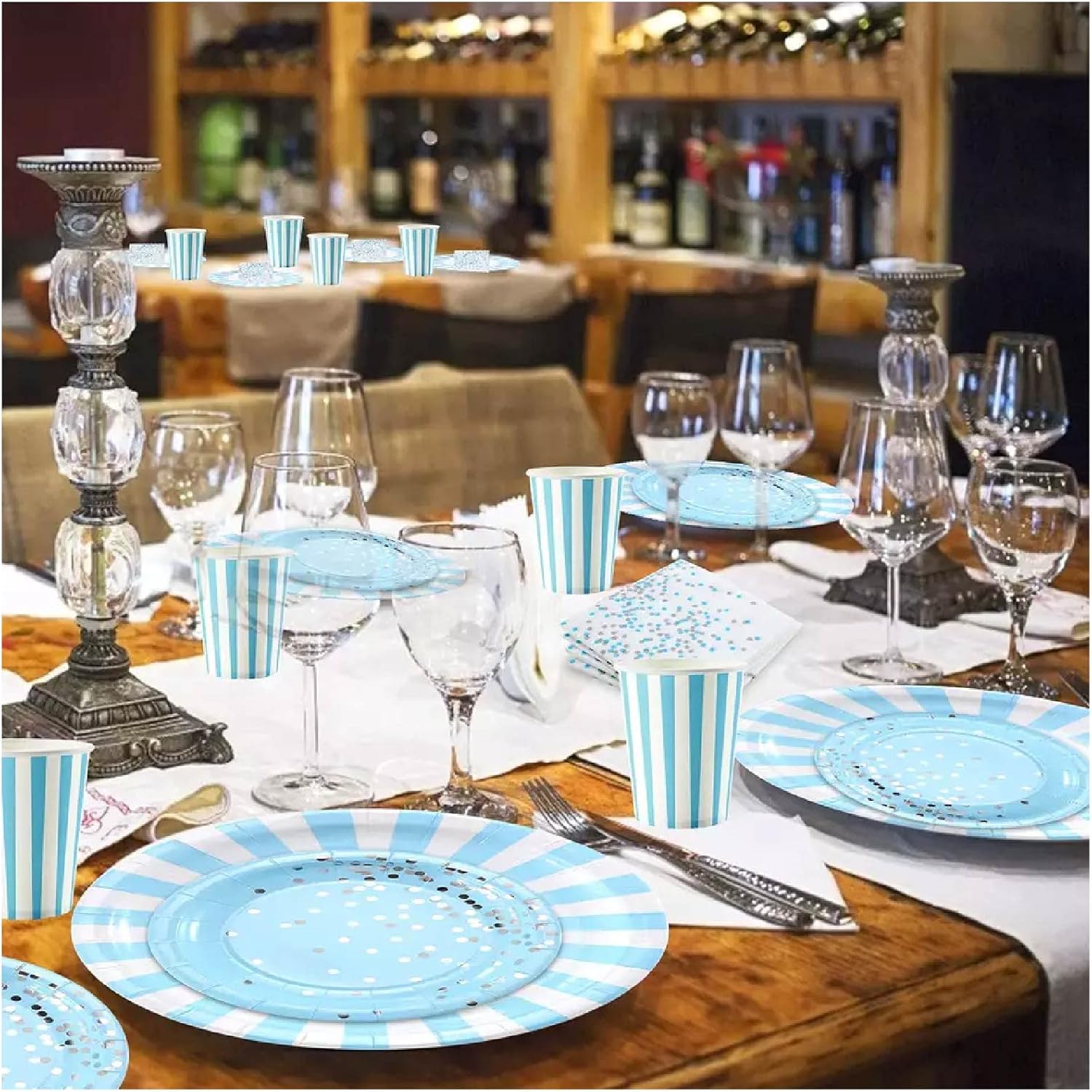 Blue Striped Party Tableware Set for 24 Guests