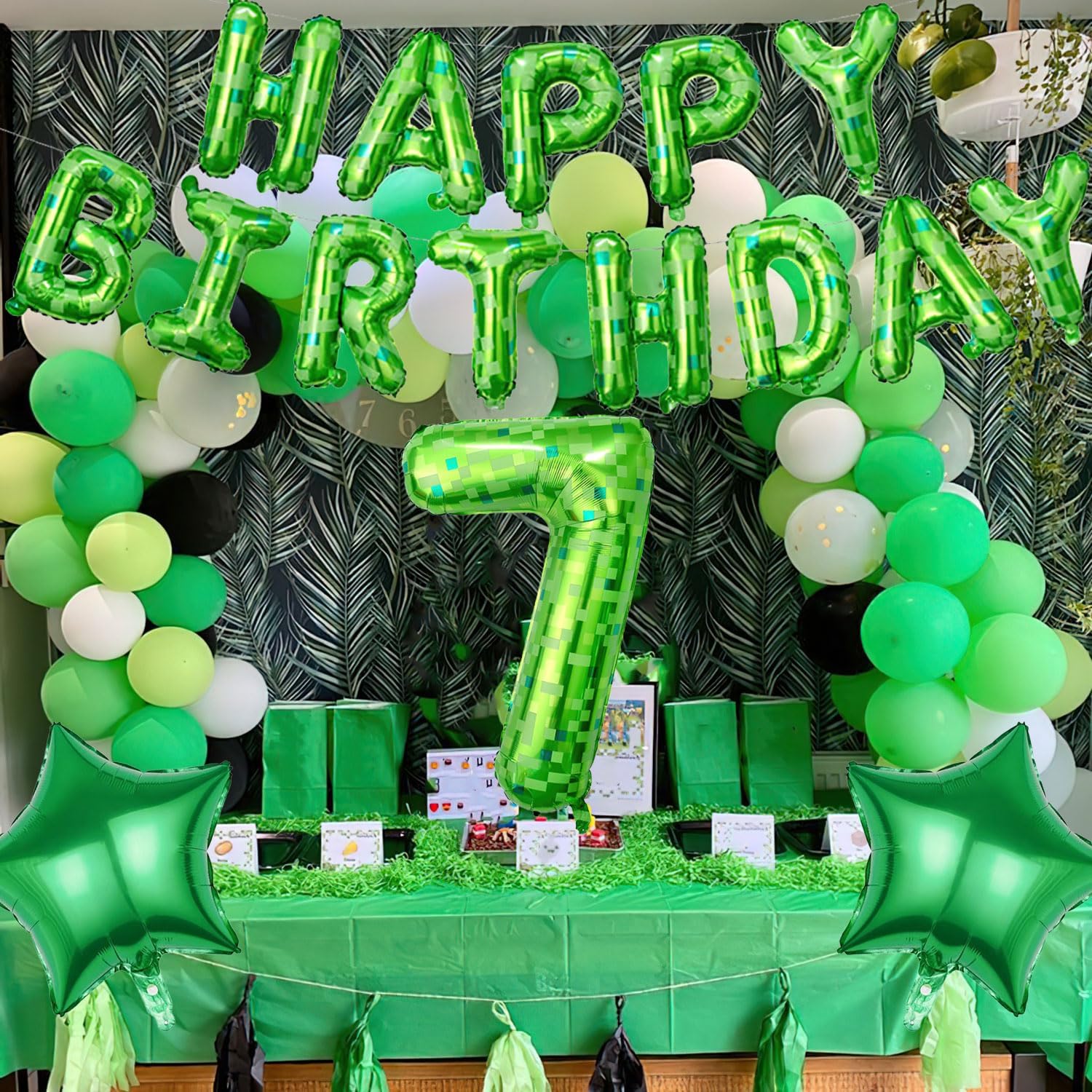 Green Pixel Birthday Decorations Set for 7th Birthday