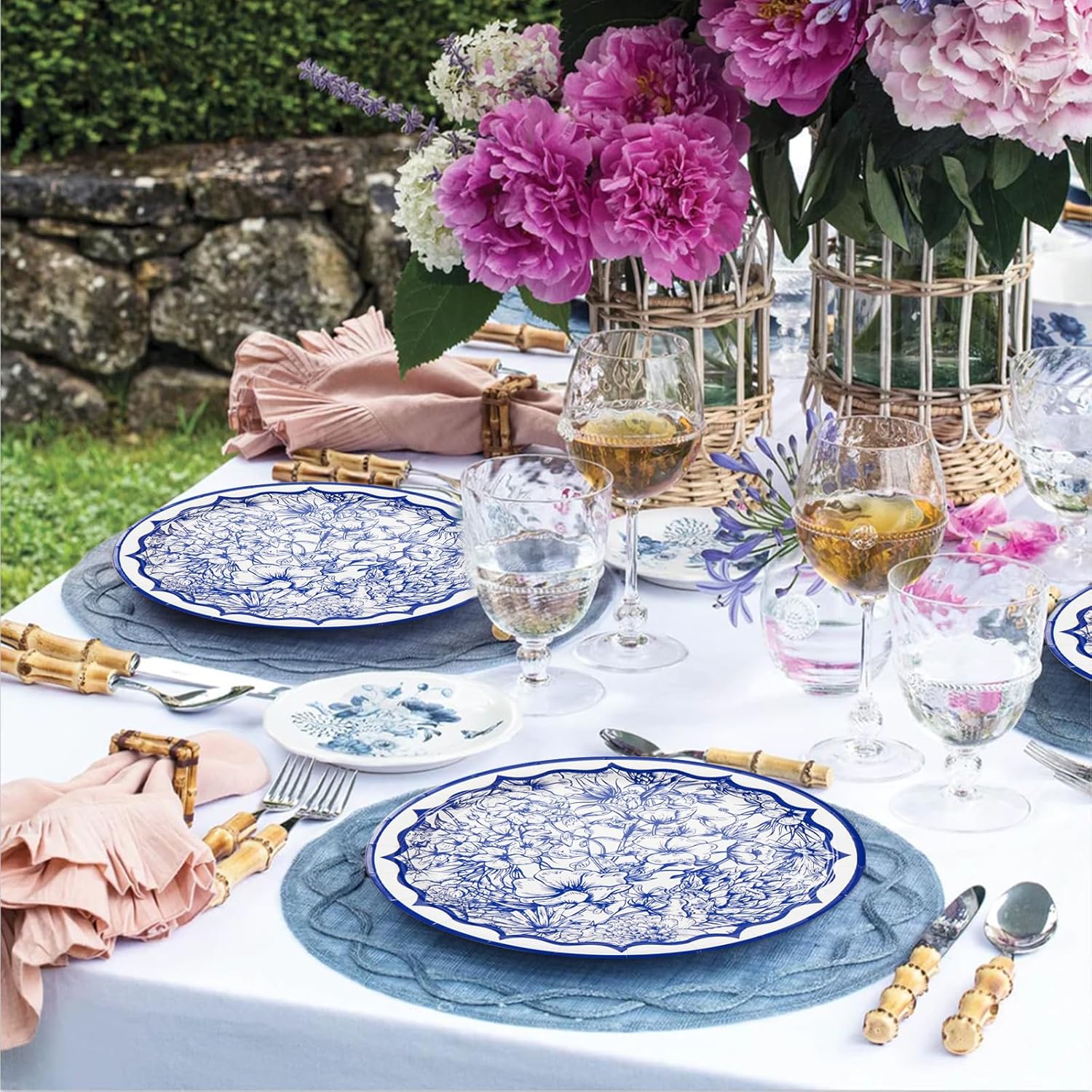Grencian 96Pcs Blue White Floral Party Tableware Set