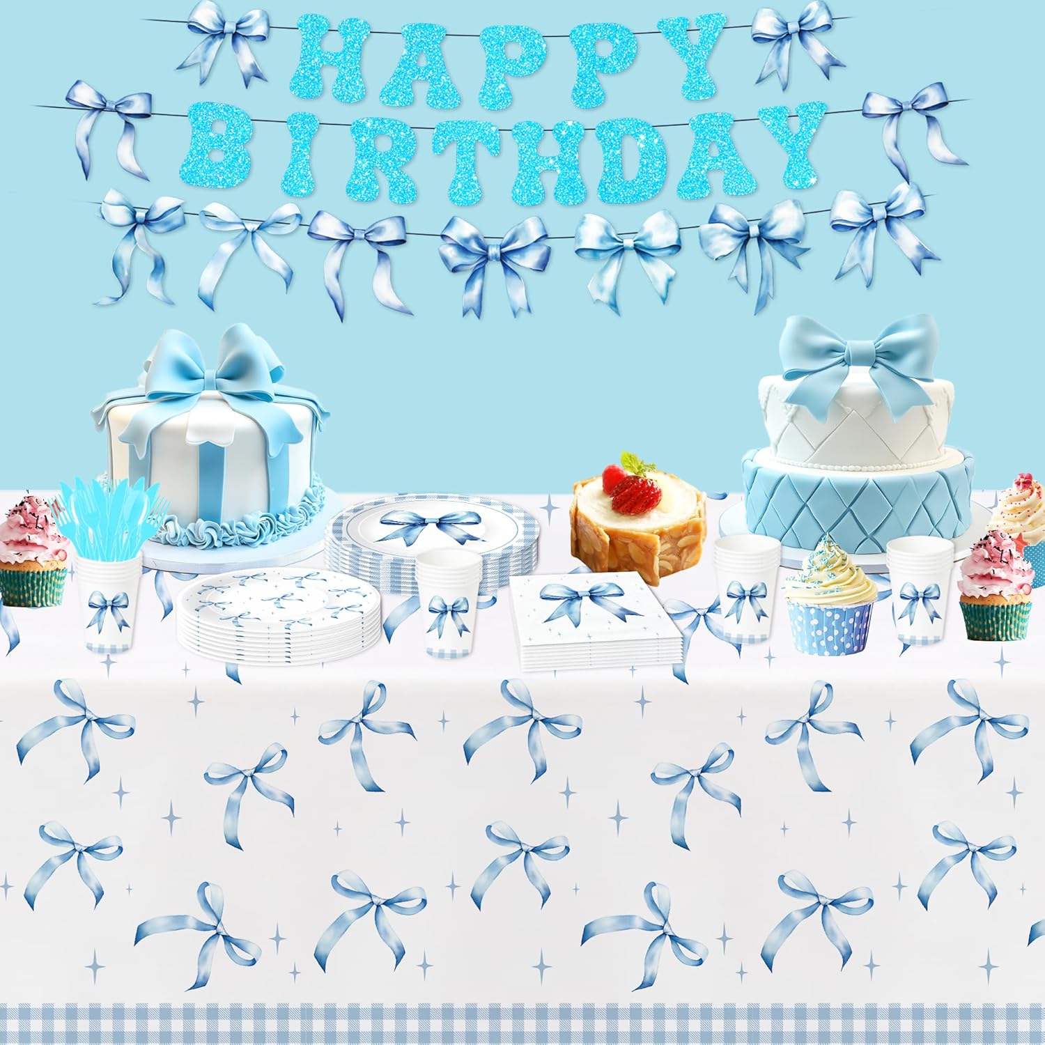 Blue Bow Party Tablecloth 3pcs for Birthday Baby Shower