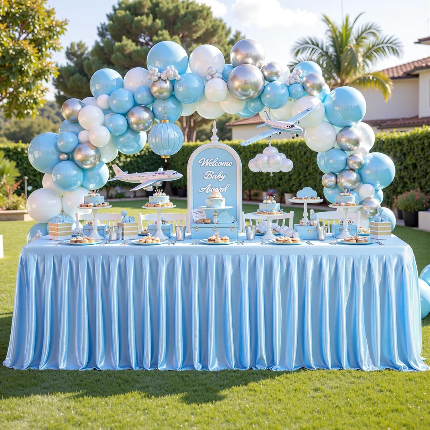 Glitter Blue Tablecloth 8ft Rectangle Table with Ruffles Skirt