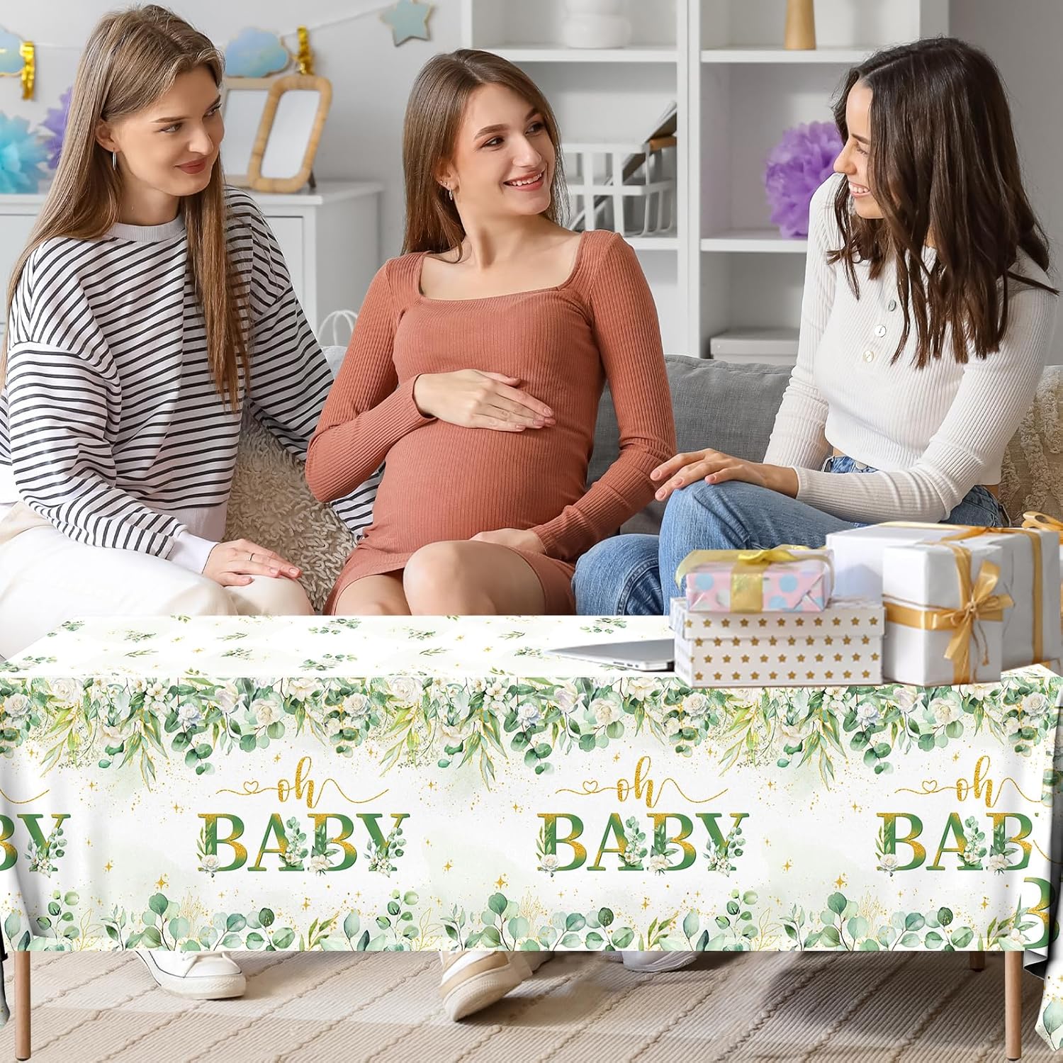 3Pack Sage Green Eucalyptus Tablecloths for Baby Shower and Birthday Parties