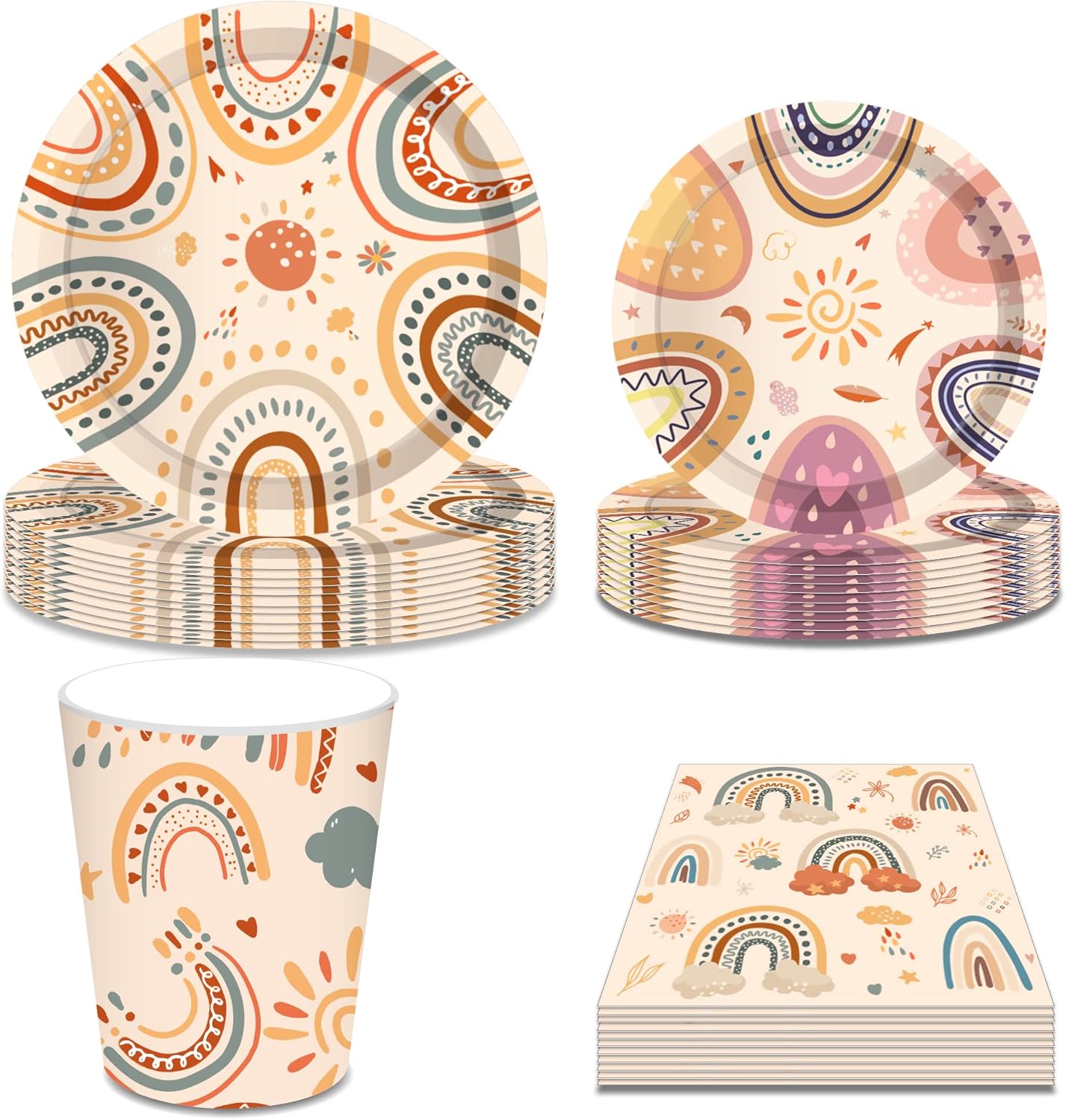 Fanquare Boho Rainbow Party Dinnerware Set for 16 Guests