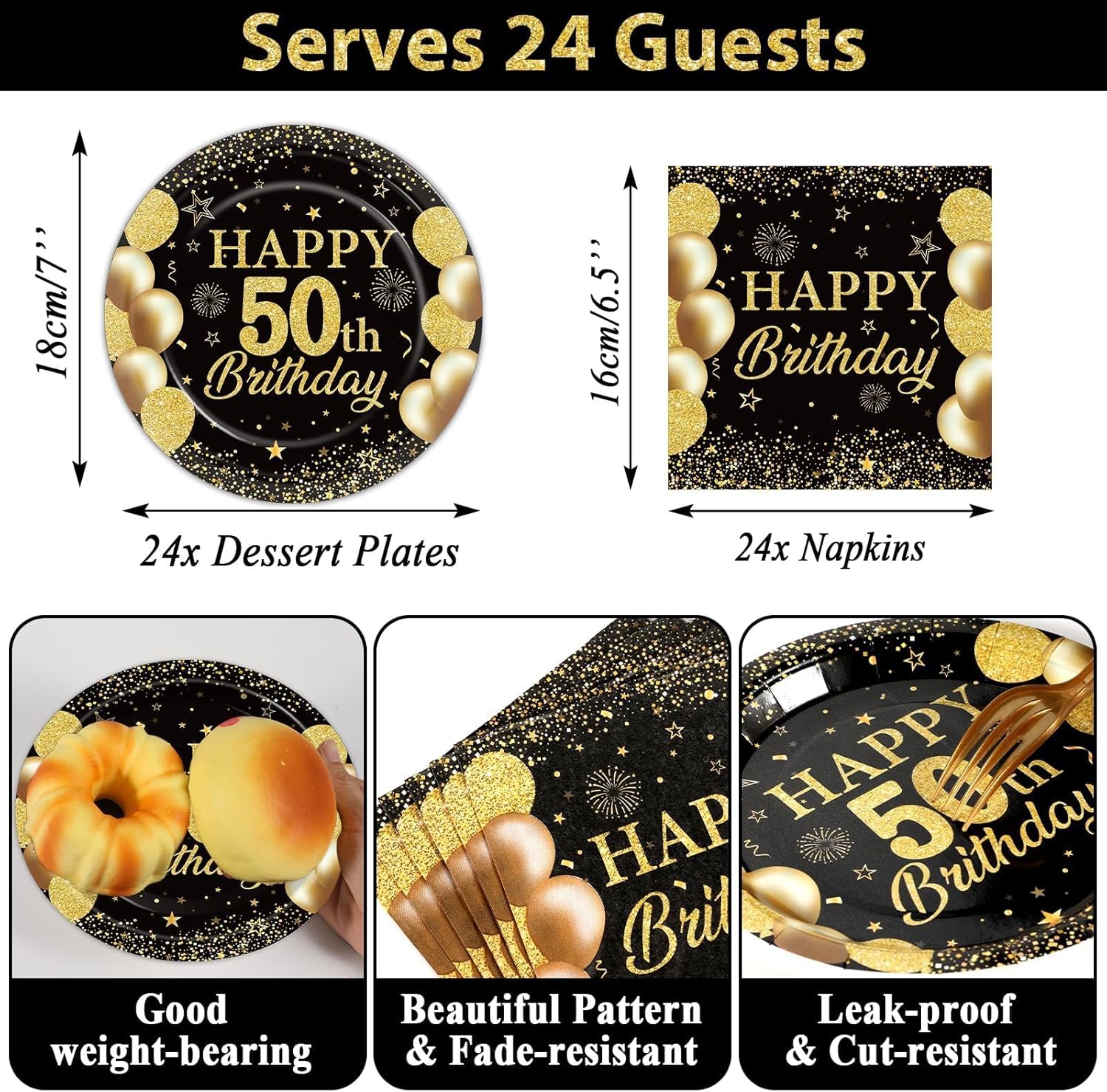 50th Birthday Party Supplies Black Gold Set