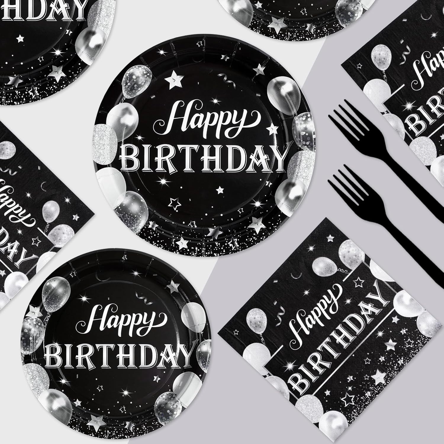 96Pcs Black and Silver Birthday Party Supplies Set