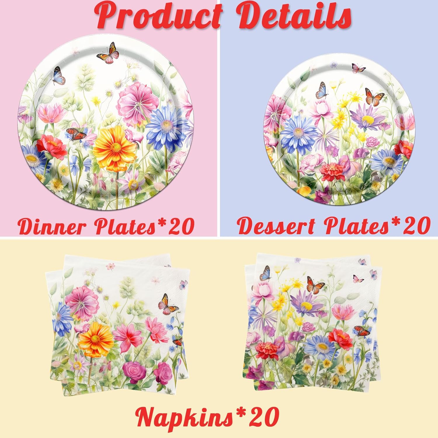 CMUSKO Wildflower Party Decor Set 60Pcs Plates Napkins