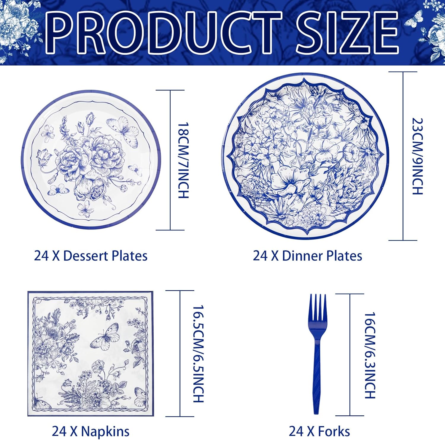 Grencian 96Pcs Blue White Floral Party Tableware Set