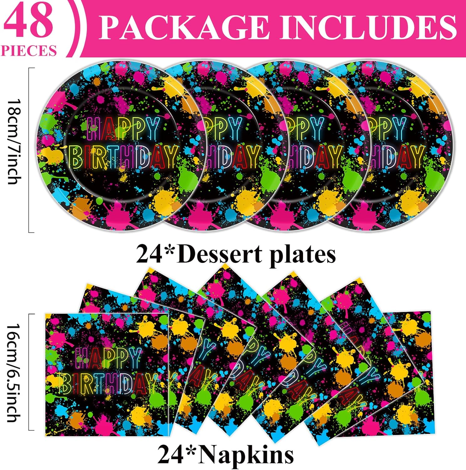 48Pcs Neon Glow in the Dark Party Plates and Napkins