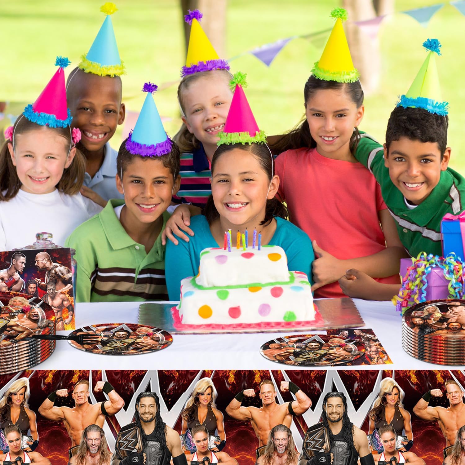 Wrestling Themed Party Tableware Set with Tablecloth Plates Forks and Napkins