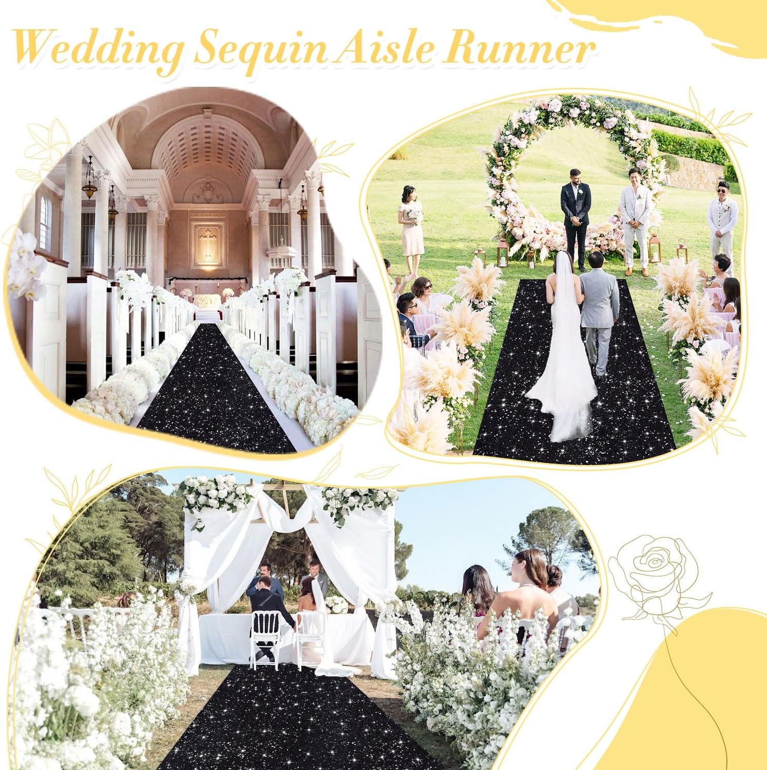 Black Sequin Aisle Runner 4FTx20FT for Weddings and Parties