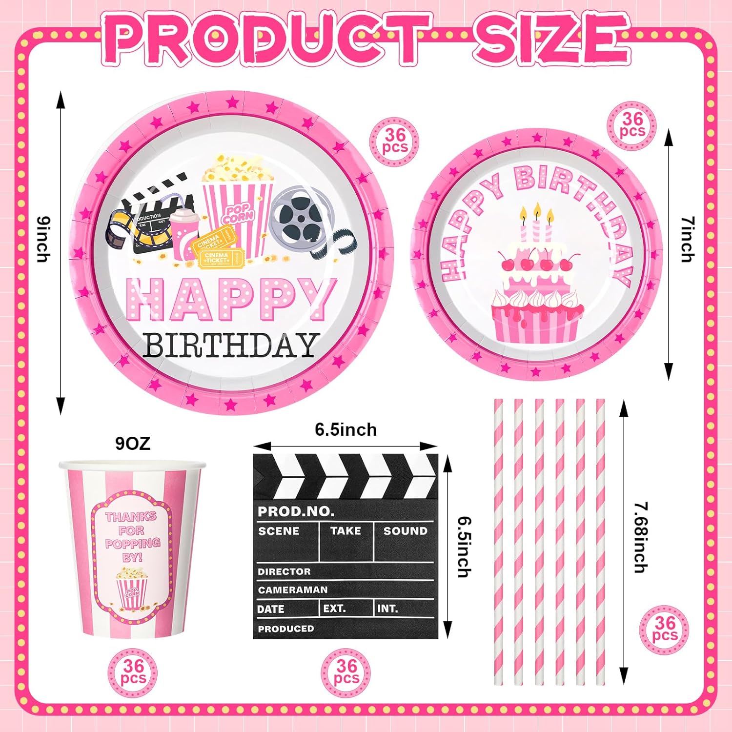 Yungyan 180 Pcs Pink Movie Theme Birthday Party Set