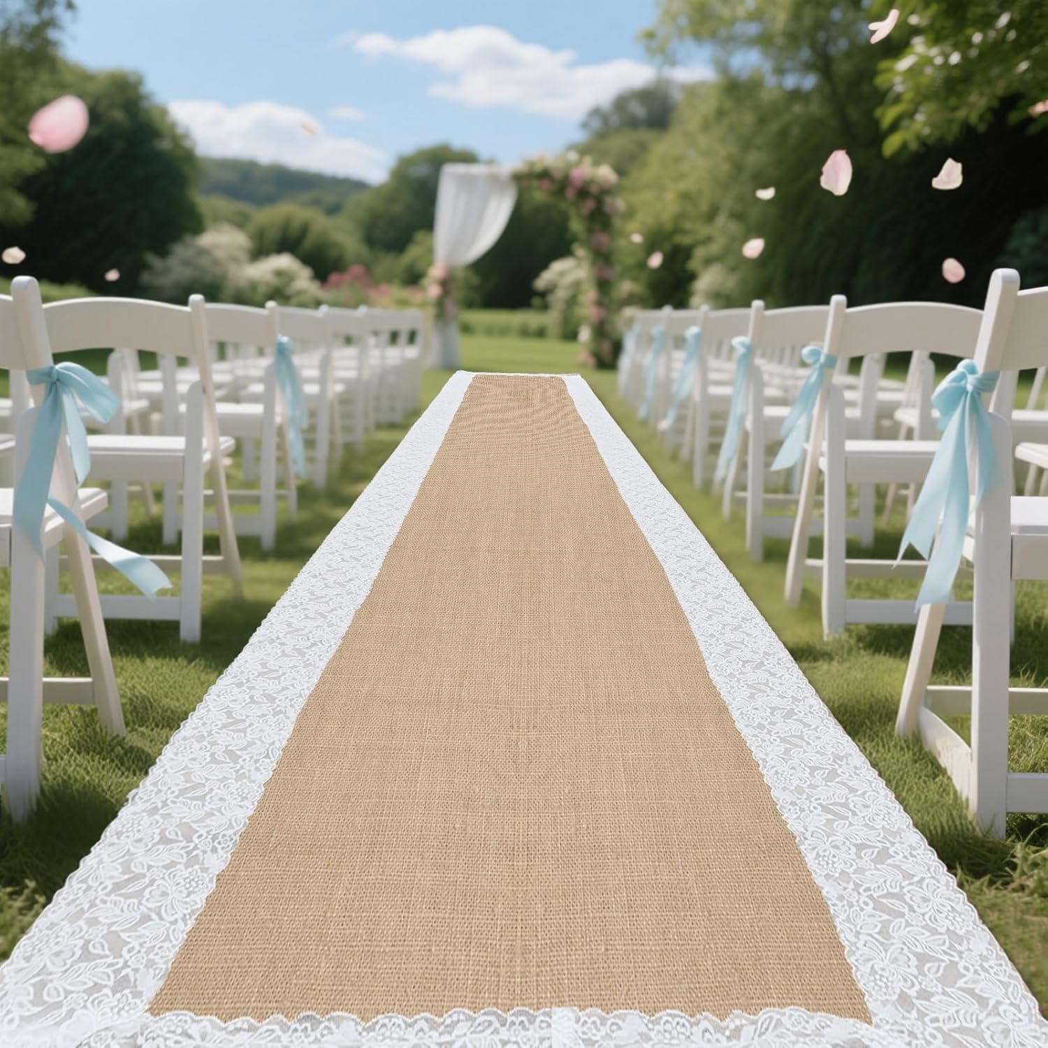 Natural Burlap Wedding Aisle Runner 3FTx20FT with Lace Trim