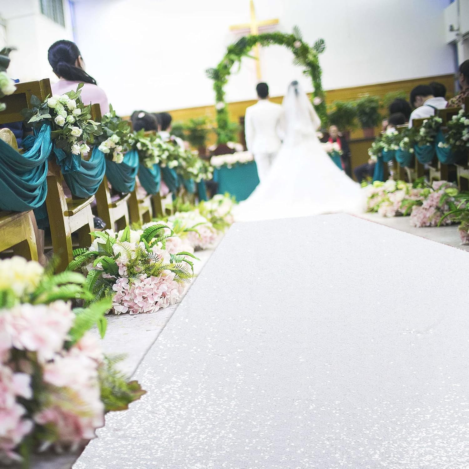 DUOBAO White Aisle Runner Wedding 4ftx15ft Carpet Sparkling Decor