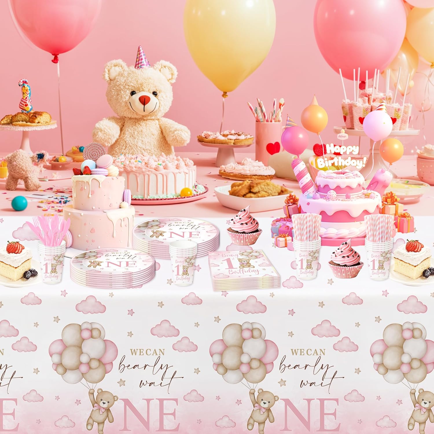 Bear 1st Birthday Tablecloth Set for Girl 3 Pack