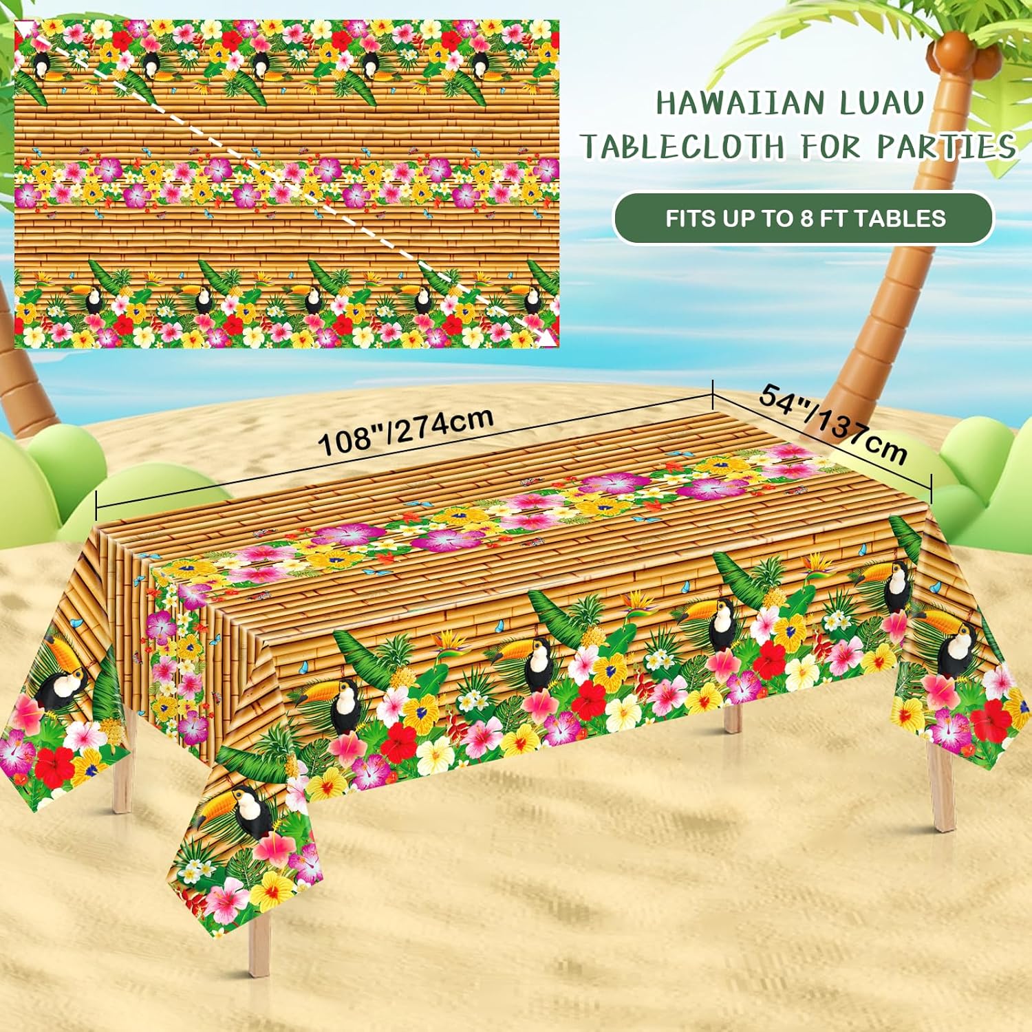 Babudeer 2 Pack Hawaiian Luau Tablecloths 54x108 Inch
