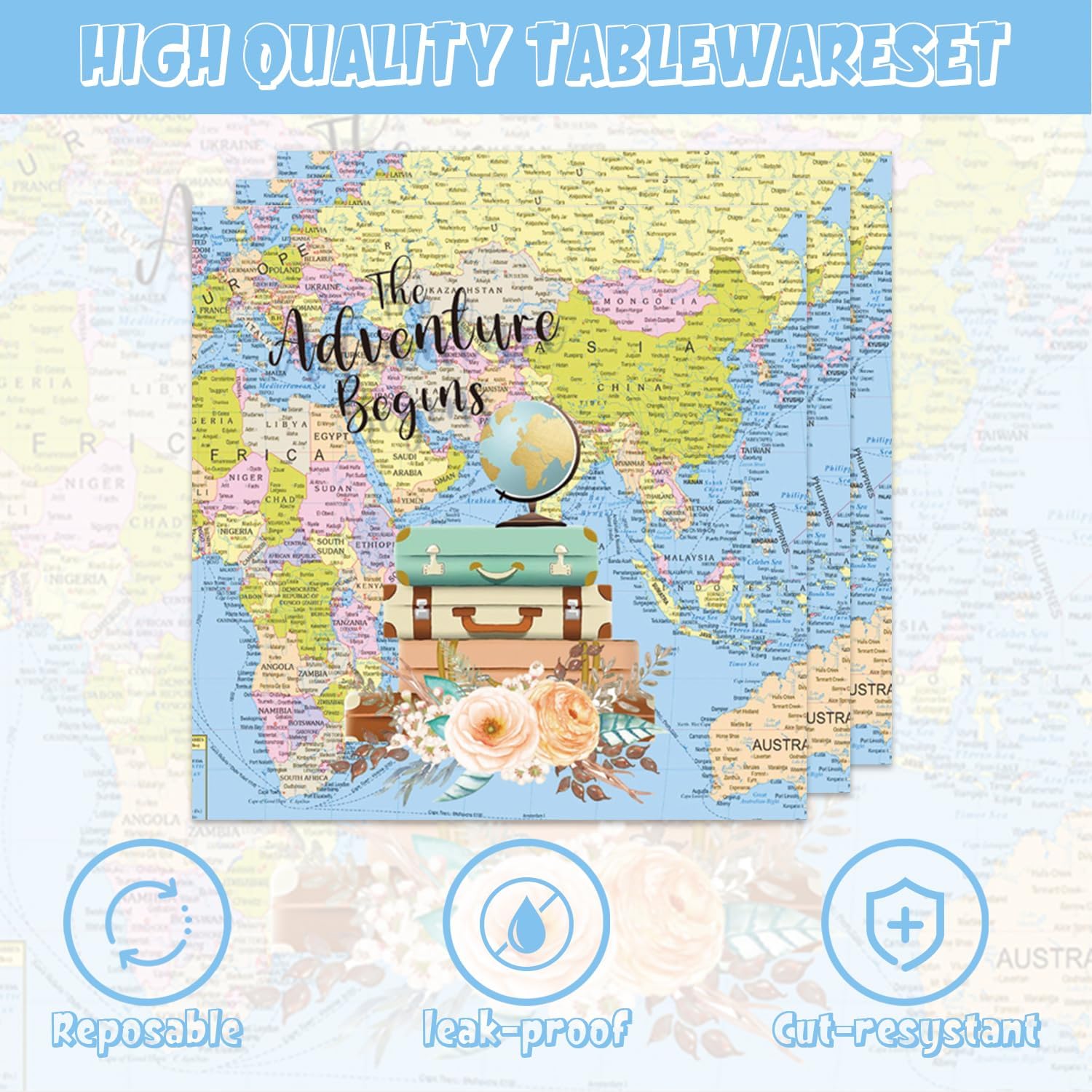 48Pcs Travel Themed Adventure Party Decorations Plates Napkins Forks