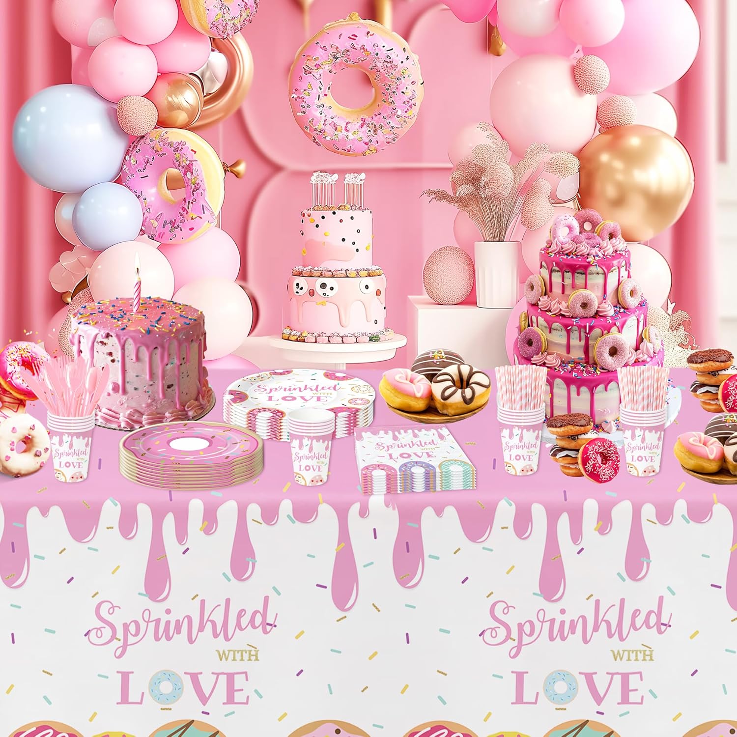 Pink Donut Tablecloth Set 3 Pack Baby Shower Decor