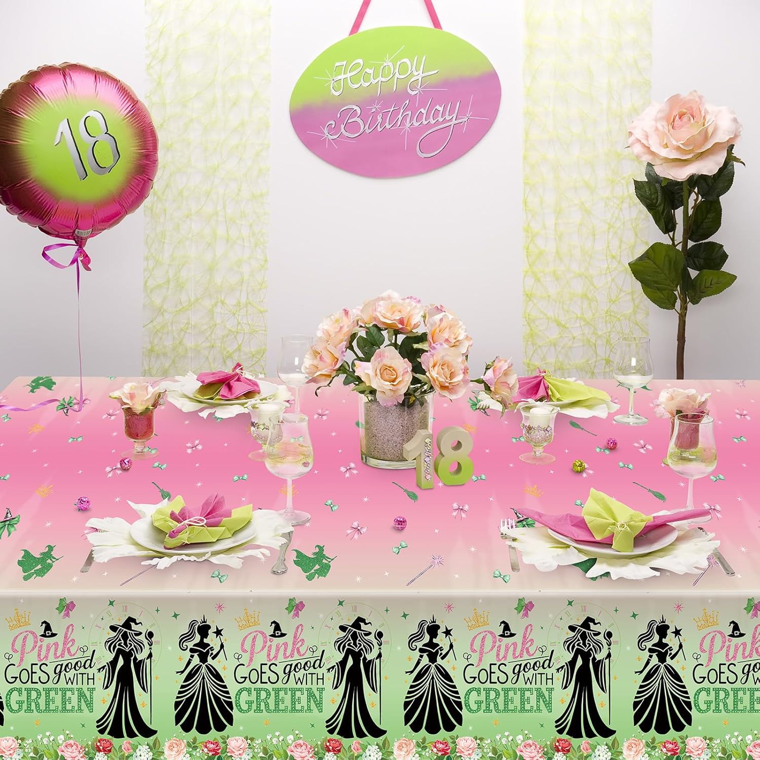 Booson 3Pcs Witch Party Tablecloth Pink Green Decorations