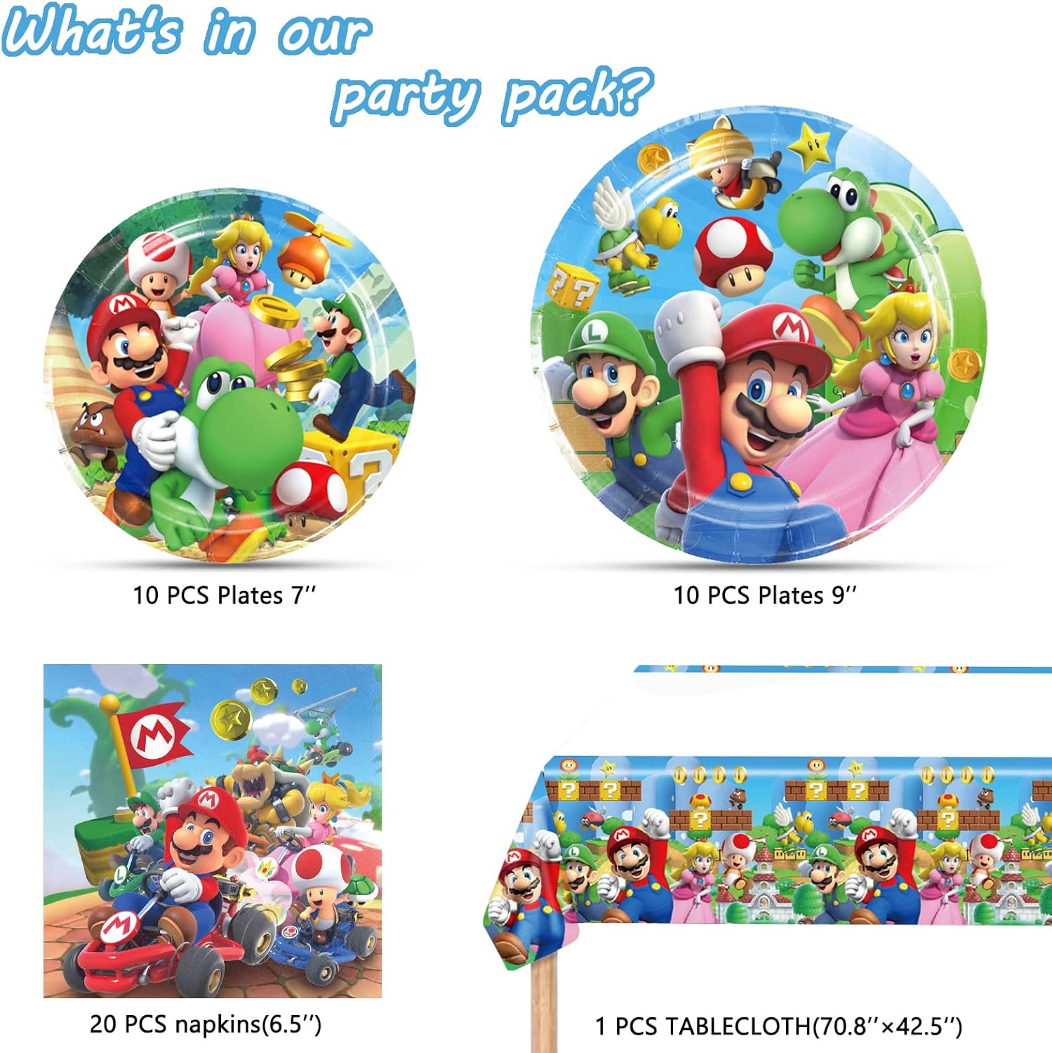 Mario Birthday Party Supplies Set 20 Plates Napkins and Tablecover