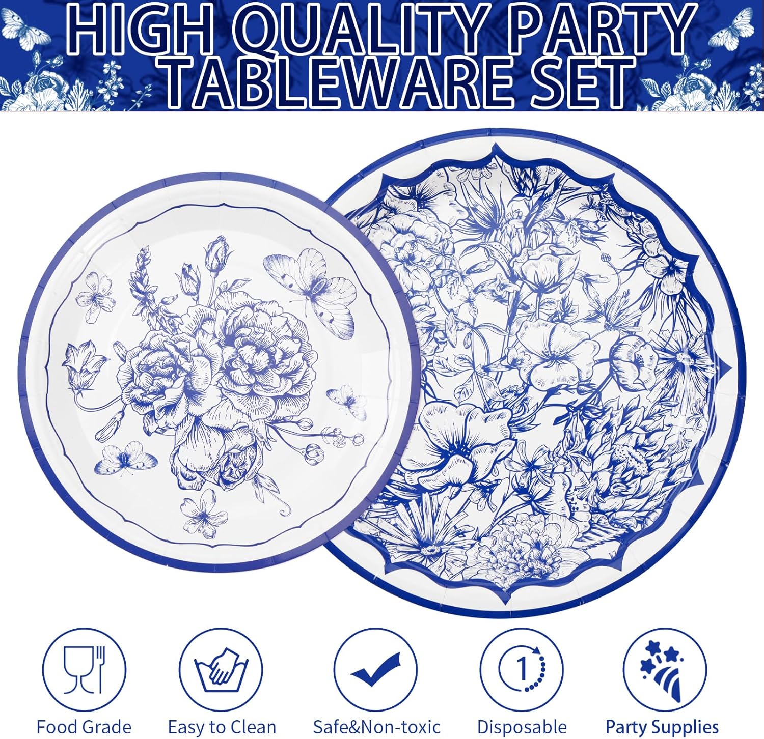 Grencian 96Pcs Blue White Floral Party Tableware Set